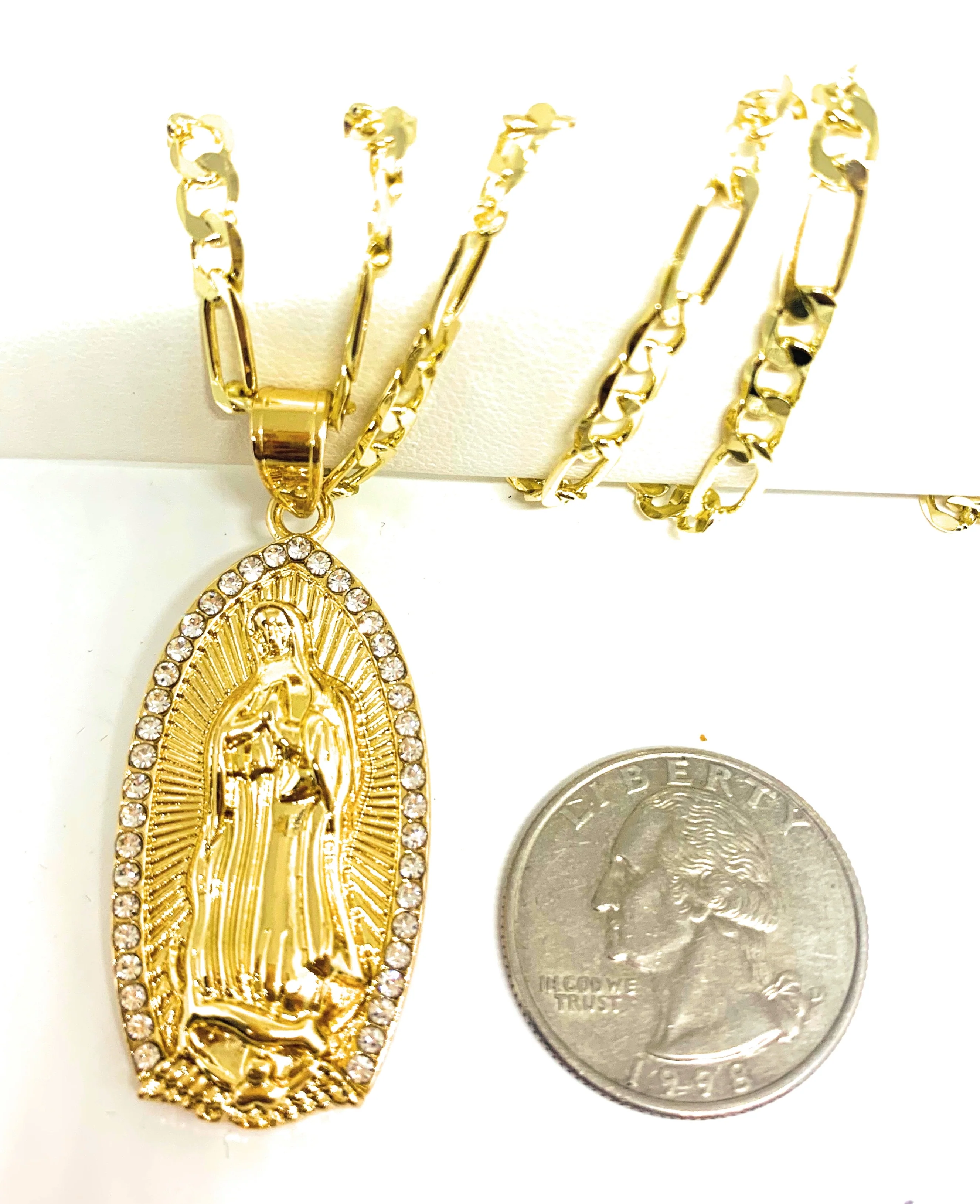 Gold Plated Virgin Mary Pendant Necklace Figaro 24" Virgen de Guadalupe - Image 2