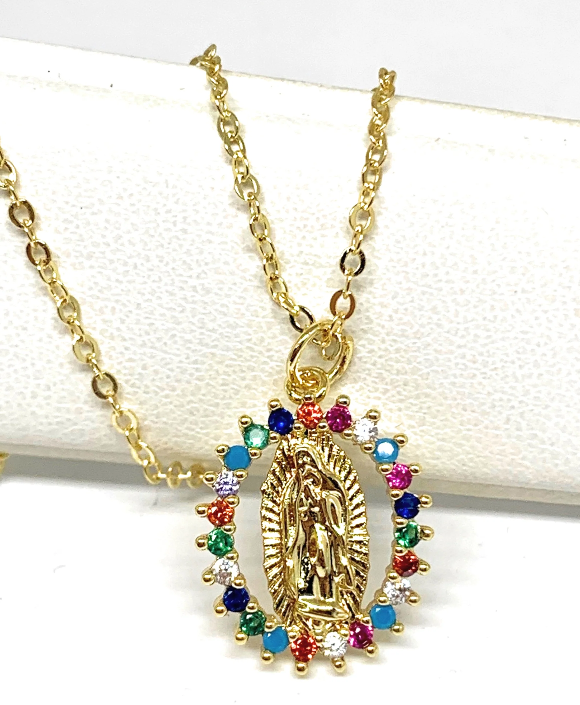 Gold Plated Virgin Mary Small Colorful Rhinestone Pendant Necklace 20” Virgen de Guadalupe