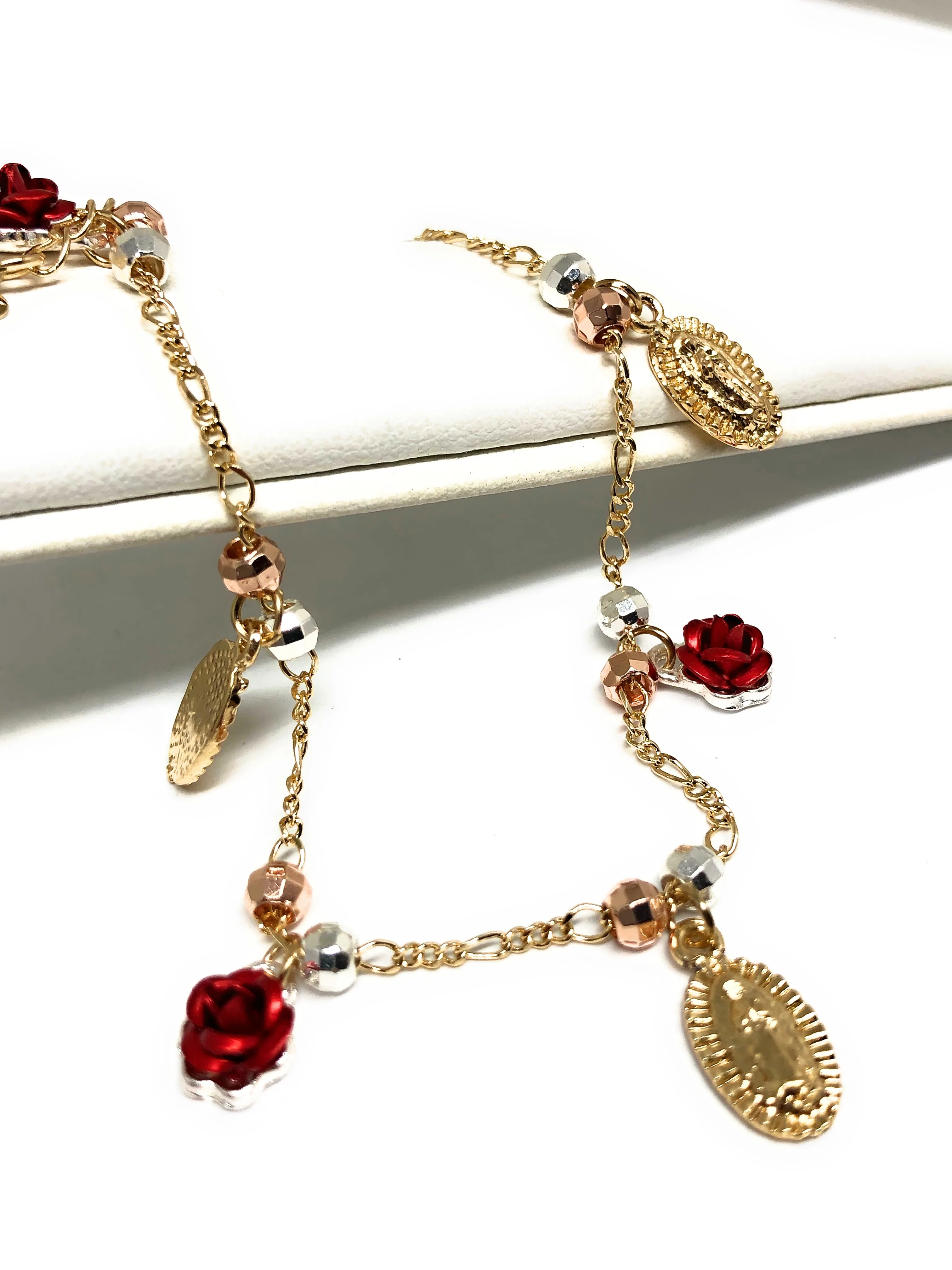 Gold Plated Virgin Mary Virgen Guadalupe Rose Tri-Color Bracelet 9” - Image 2