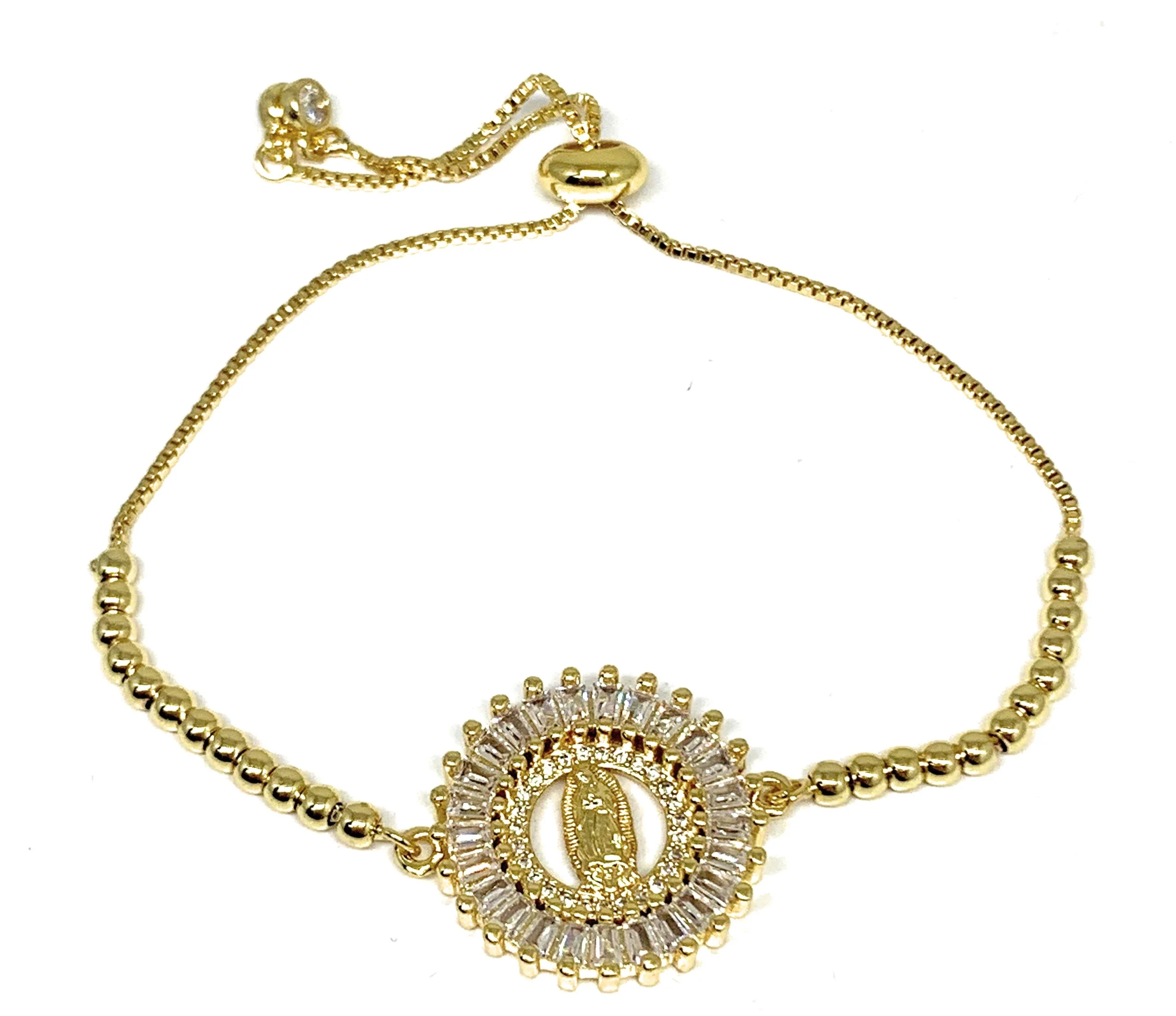 Gold Plated Virgin Mary Yellow CZ Bracelet Virgen De Guadalupe Pulsera 8" Adjustable - Image 2