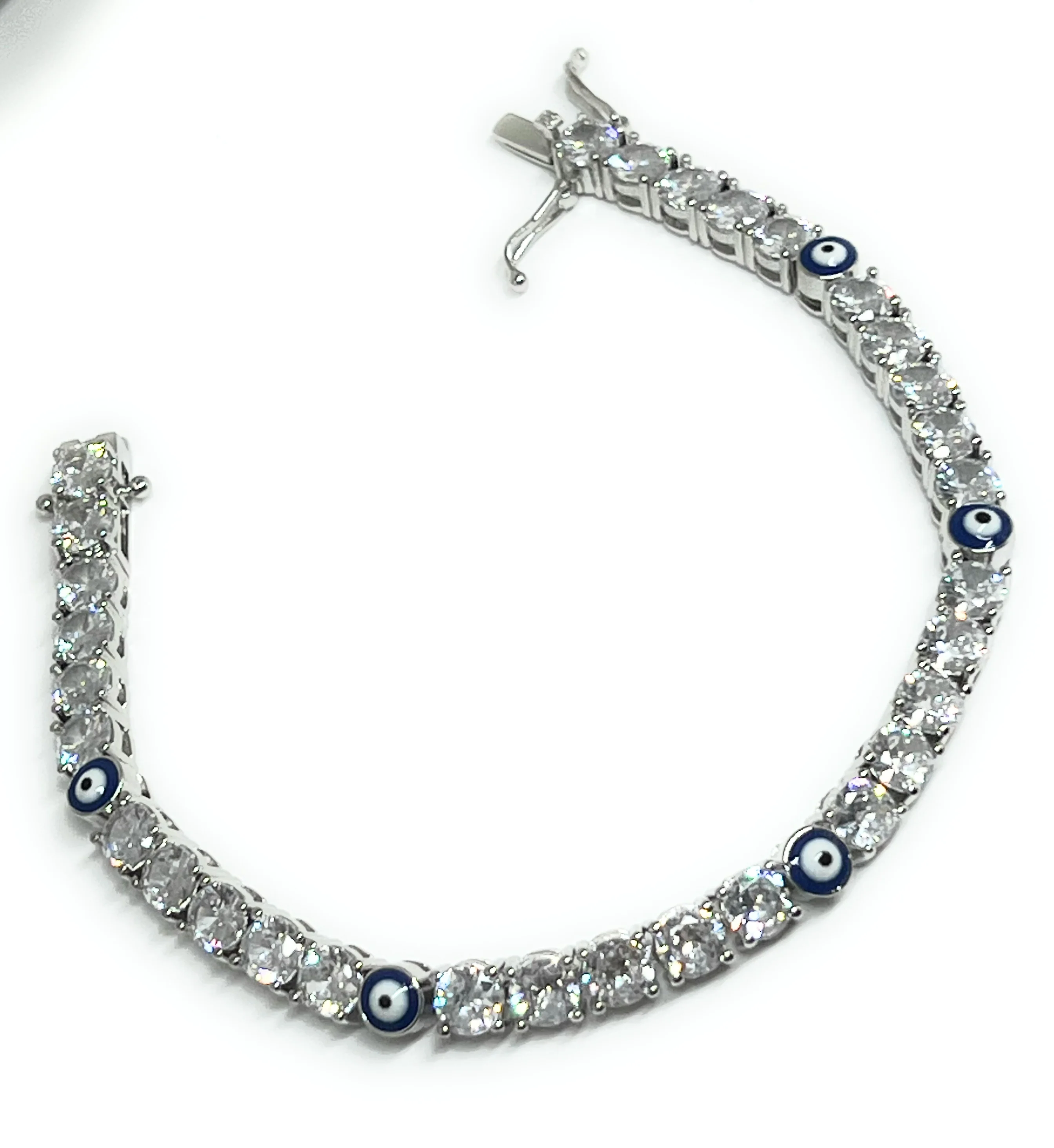 Gold Plated White Gold Evil Eye BLUE CZ Tennis Bracelet 7.5 inch - Image 2