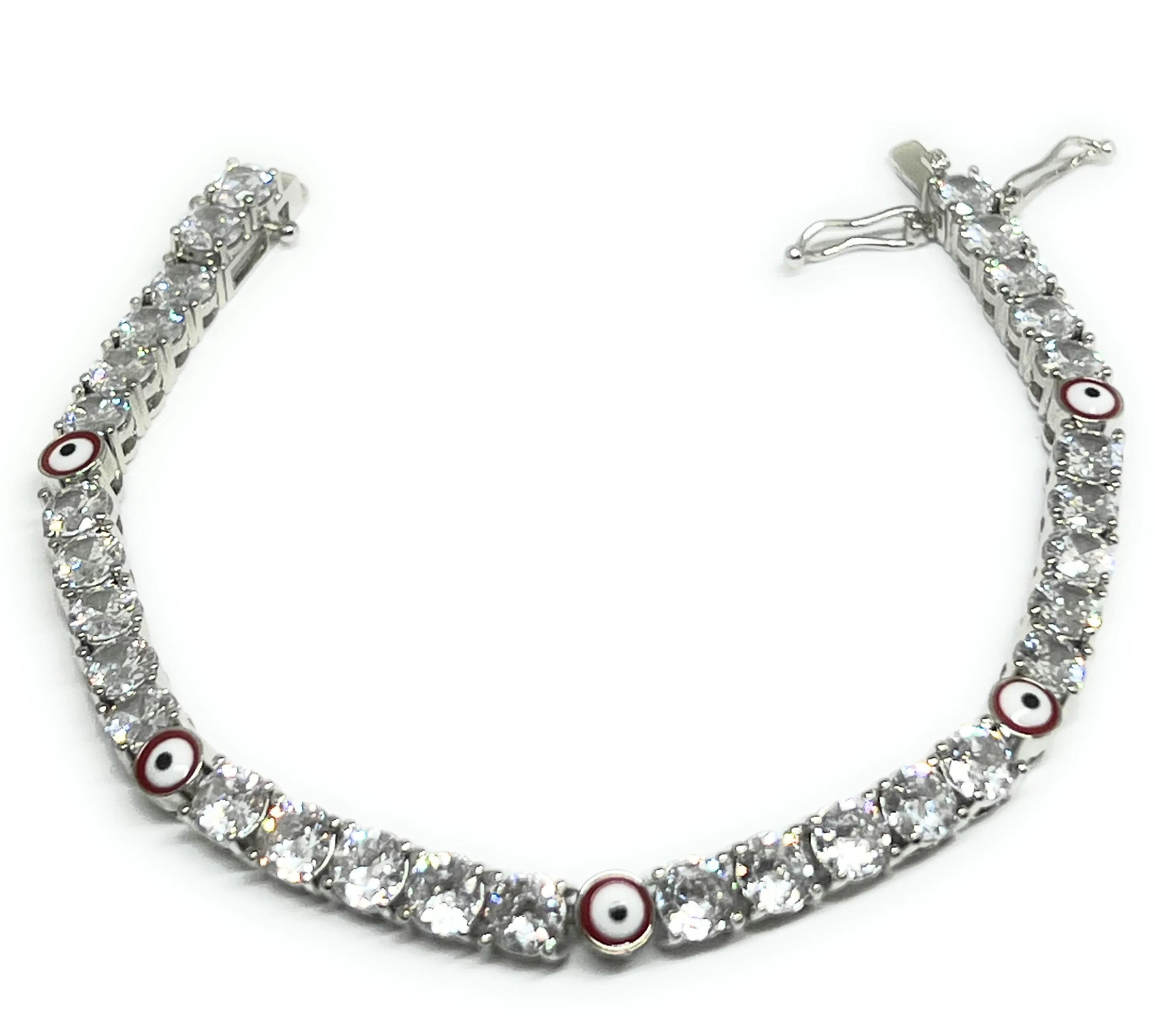 Gold Plated White Gold Evil Eye RED CZ Tennis Bracelet 7.5 inch