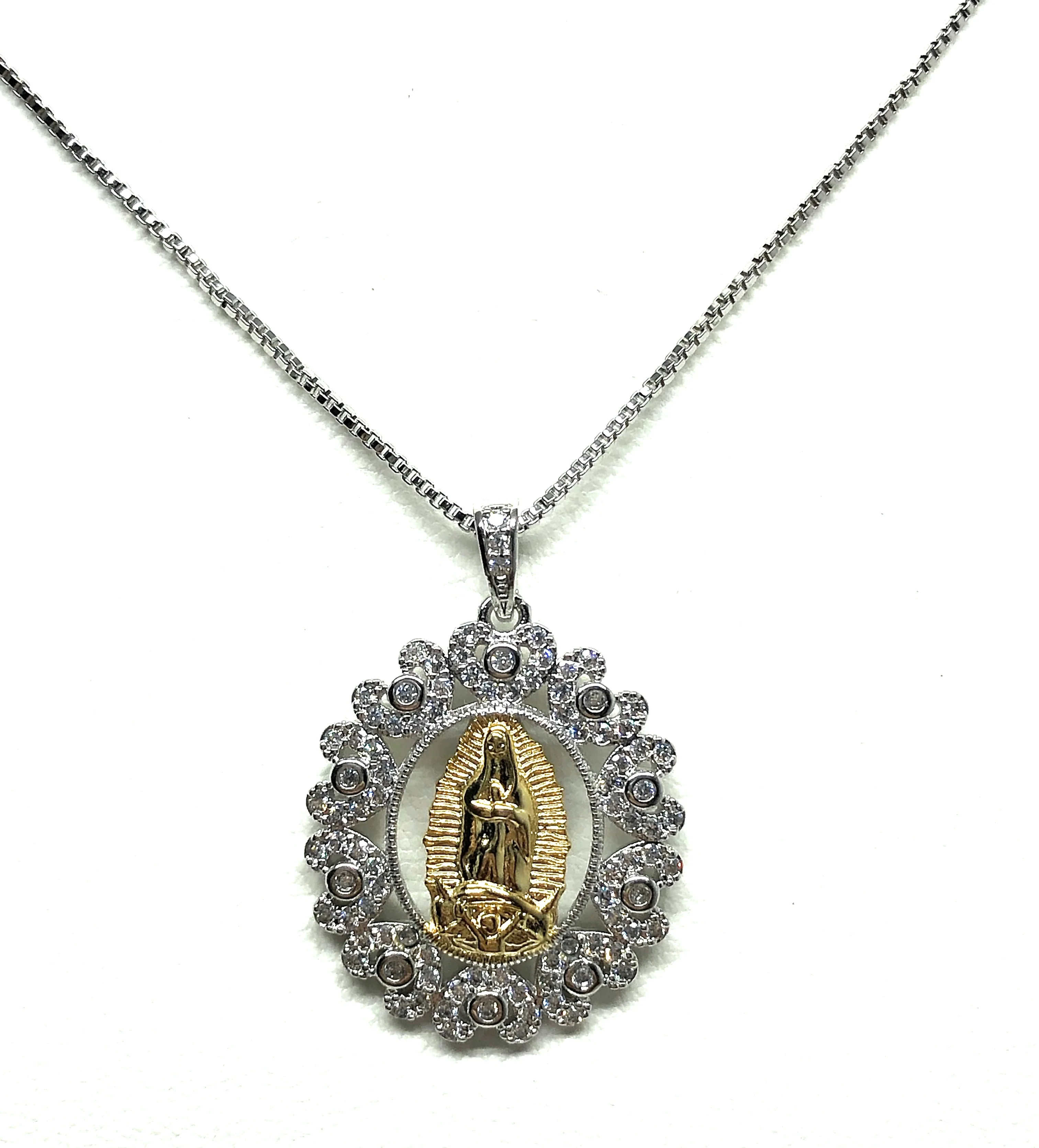Gold Plated White Gold Virgin Mary Pendant Necklace CZ 20” Virgen de Guadalupe - Image 3