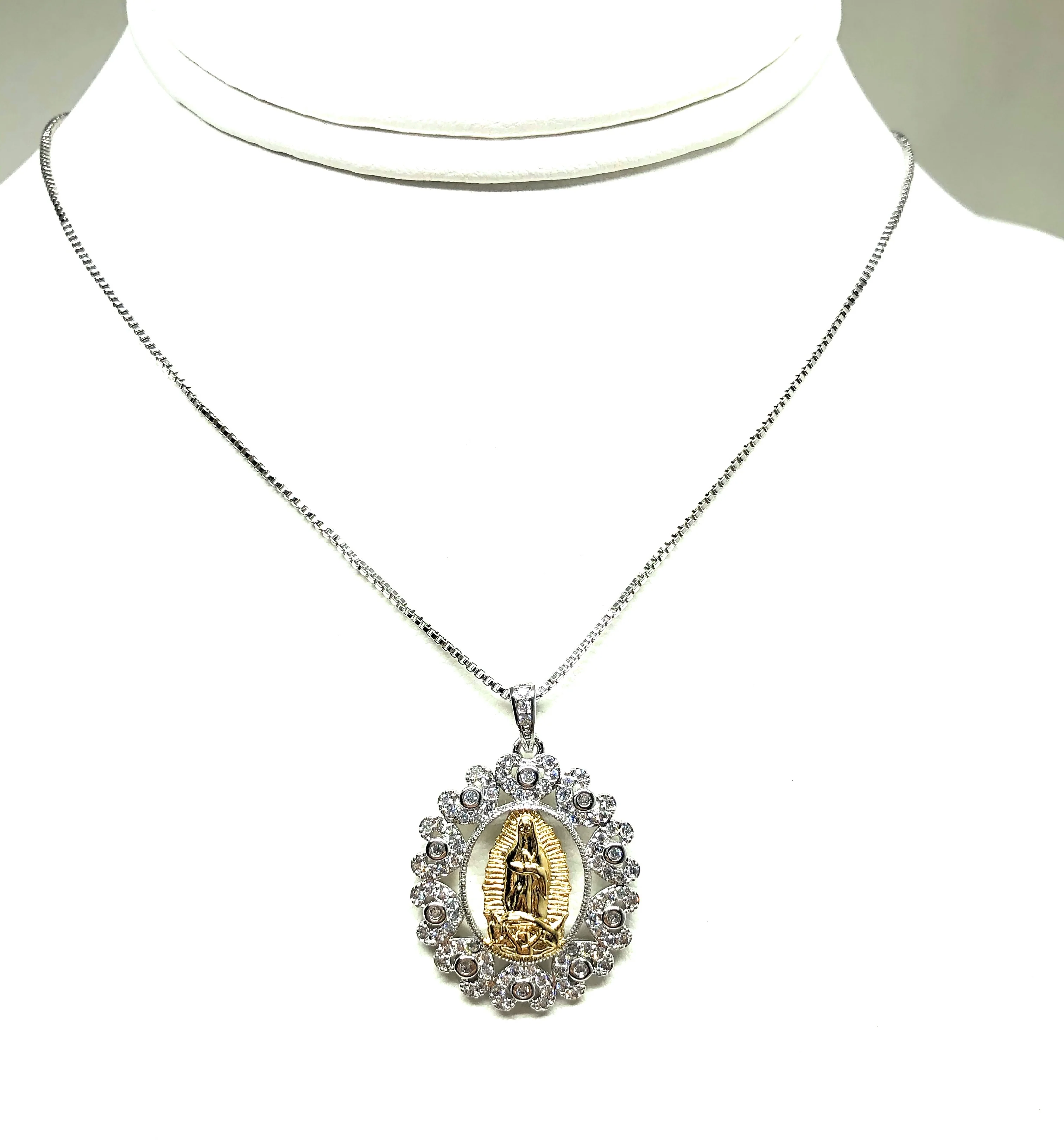 Gold Plated White Gold Virgin Mary Pendant Necklace CZ 20” Virgen de Guadalupe - Image 4