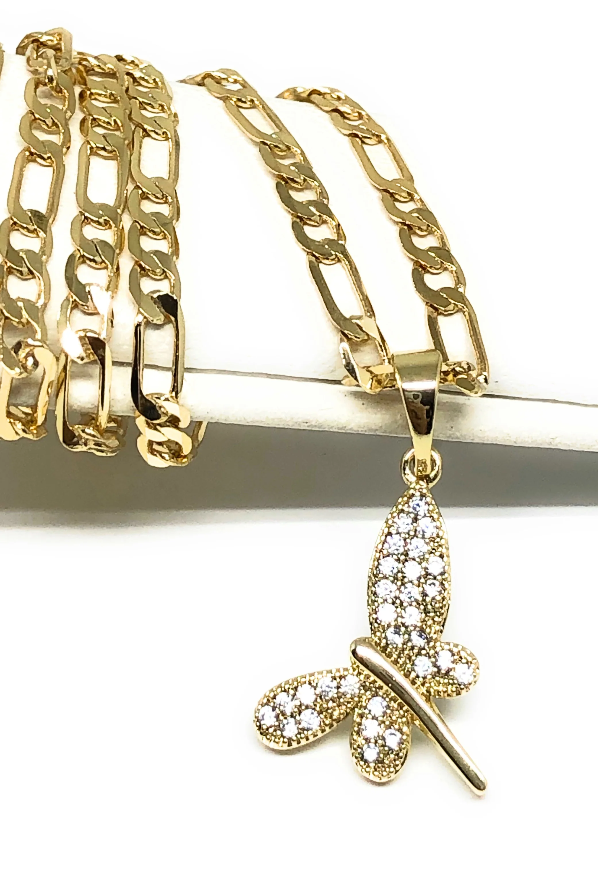 Gold Plated Yellow Dainty Butterfly CZ Pendant Necklace Chain 18” 3mm
