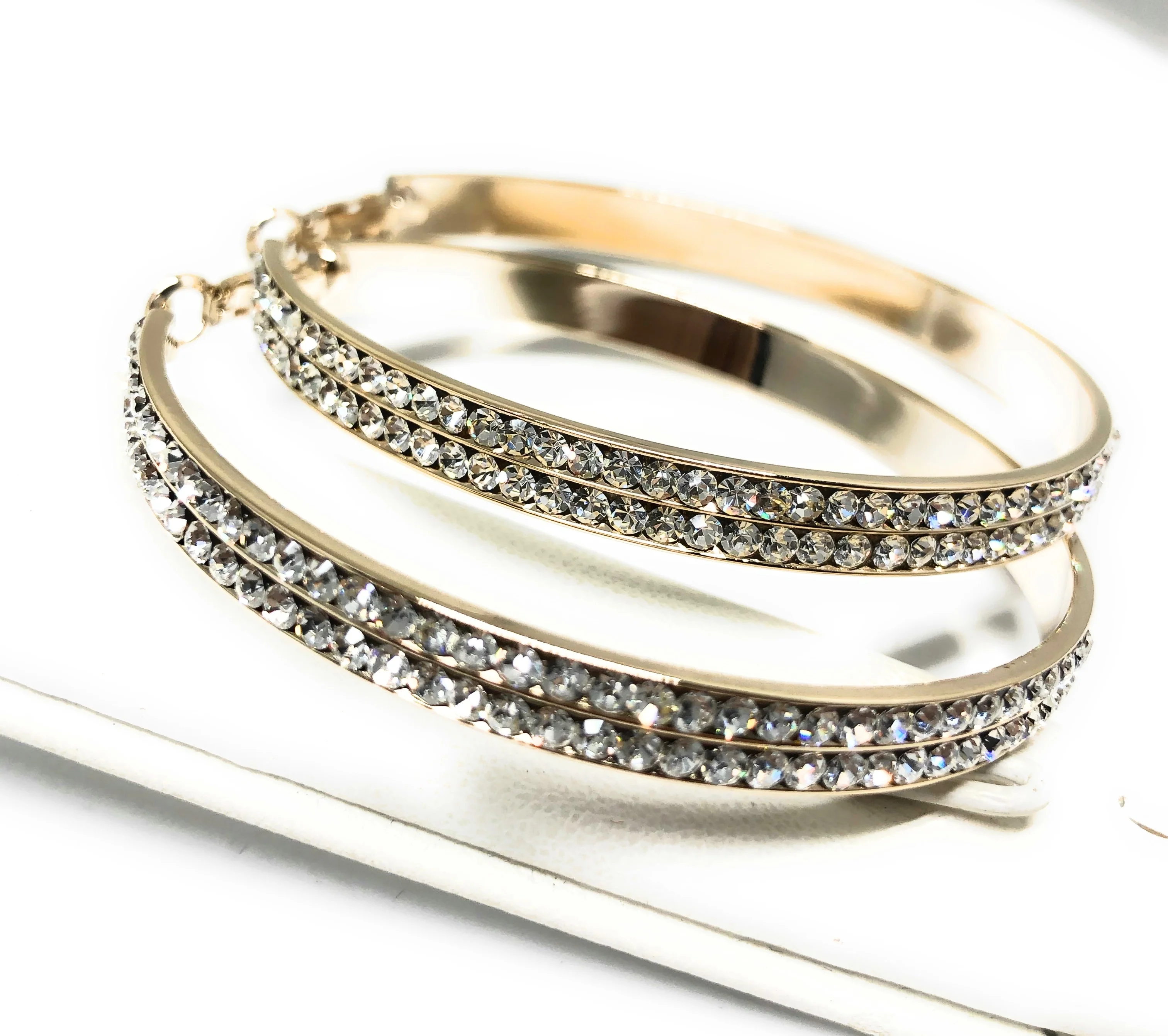 Gold Plated Yellow Double Hoop Earrings CZ Stones Aretes Arracadas - Image 3
