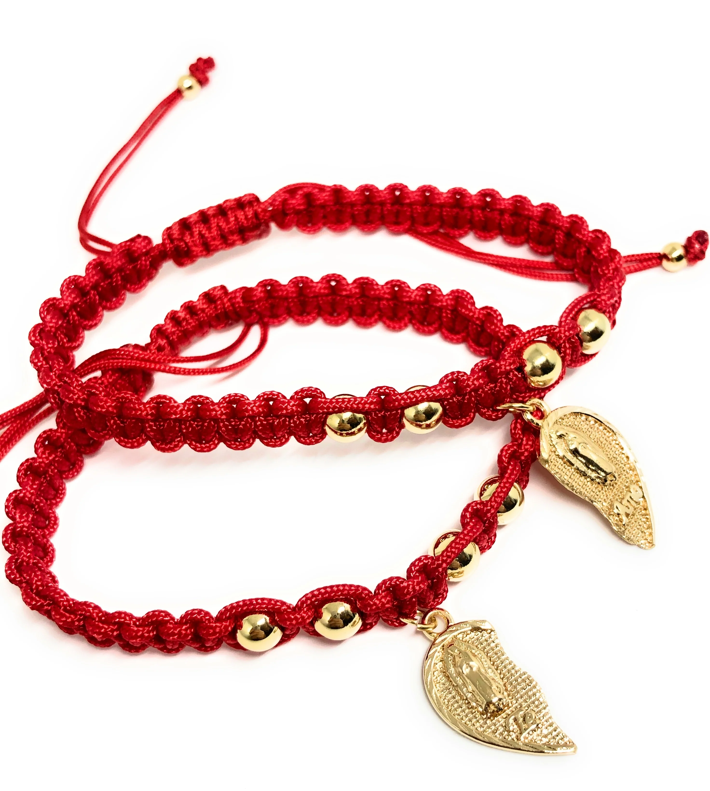 Gold Plated Yellow Double Virgin Mary "Te Amo" Heart Split Pendant HAND BRAIDED ADJUSTABLE TWO BRACELET SET 7.5” - Image 2