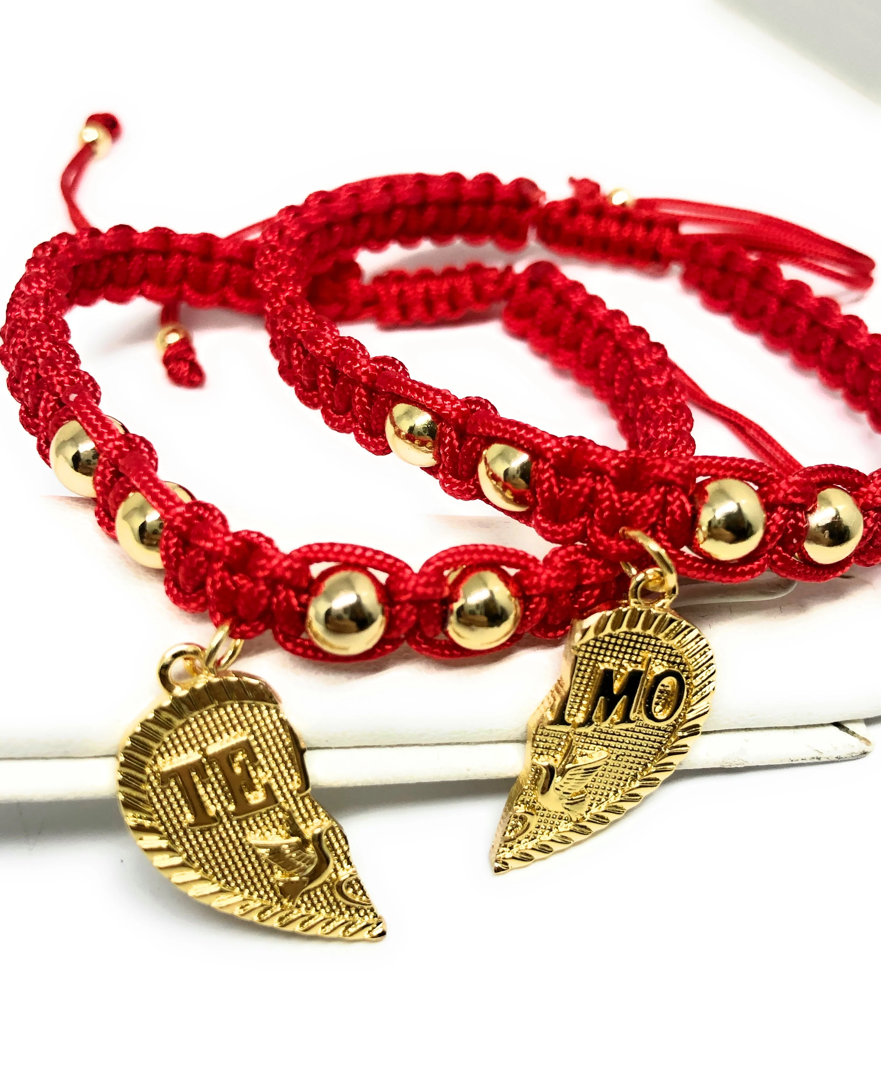 Gold Plated Yellow "Te Amo" Heart Split Pendant HAND BRAIDED ADJUSTABLE TWO BRACELET SET 7.5” - Image 2