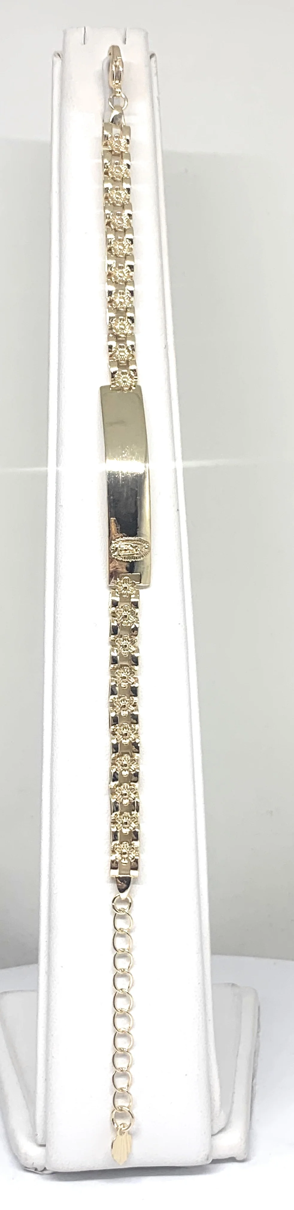 Gold Plated Yellow Virgin Mary Flower ID Bracelet 7.5” 5.5mm Width Esclava - Image 4