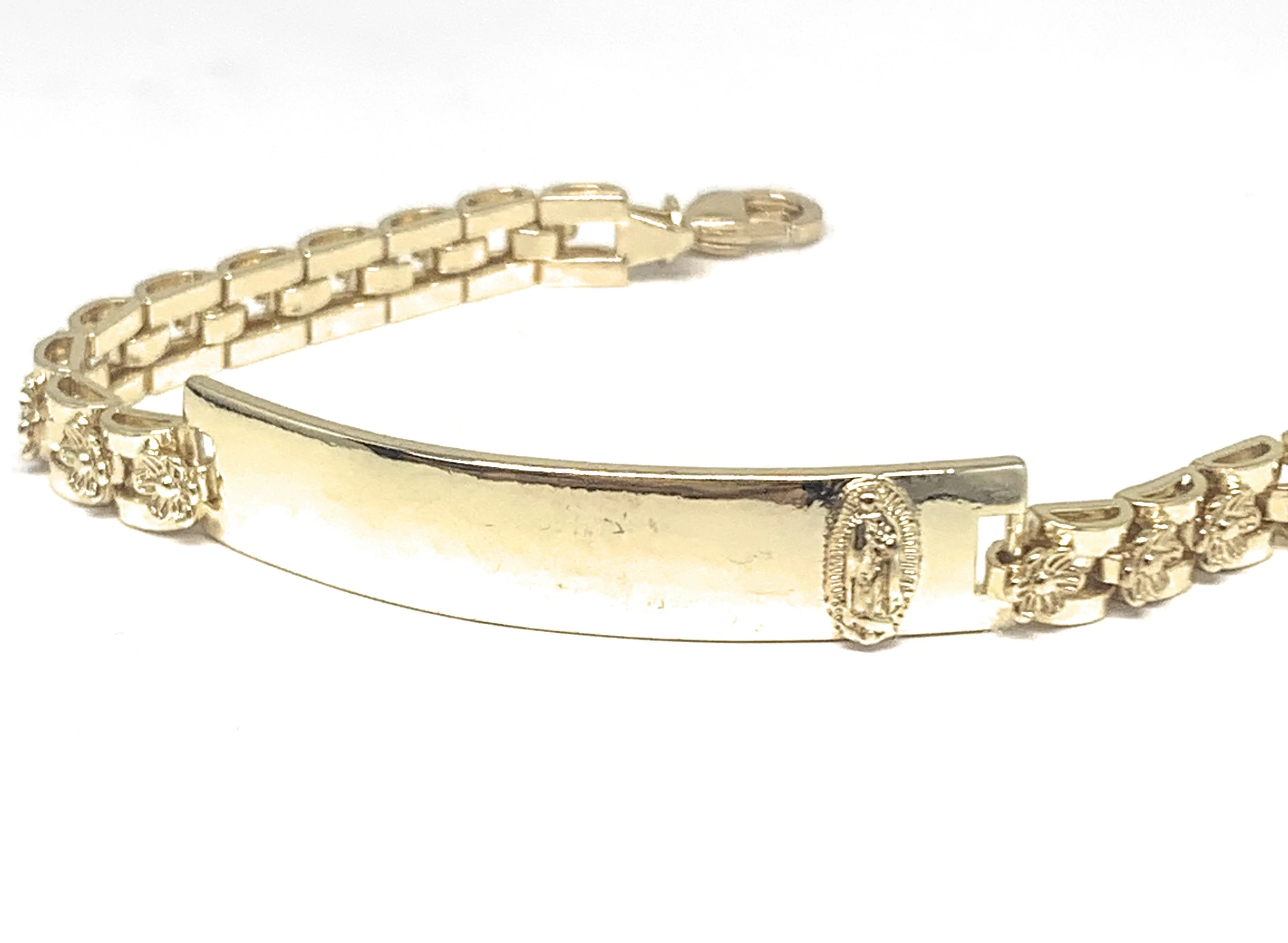 Gold Plated Yellow Virgin Mary Flower ID Bracelet 7.5” 5.5mm Width Esclava - Image 5