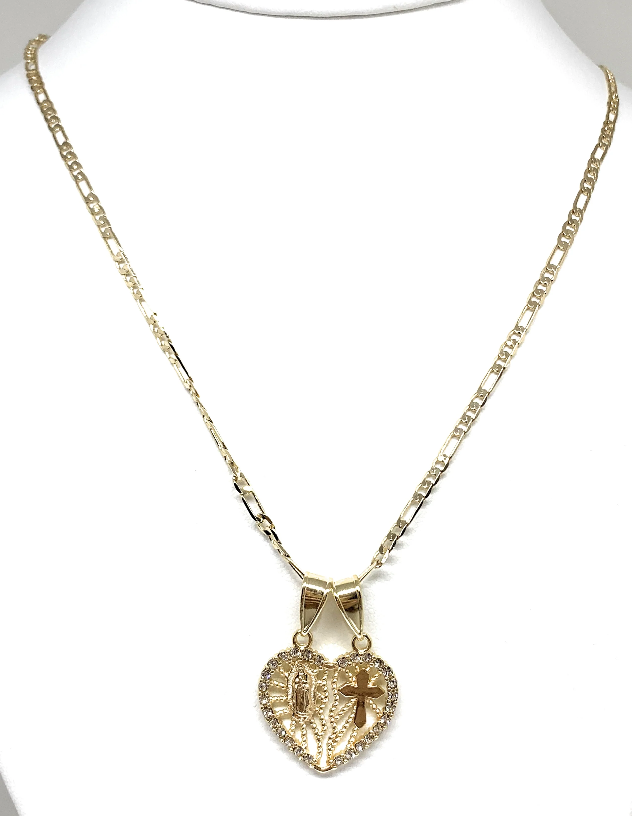 Gold Plated Yellow Virgin Mary Heart & Cross Heart Split Pendant Necklace 24" Virgen de Guadalupe - Image 3