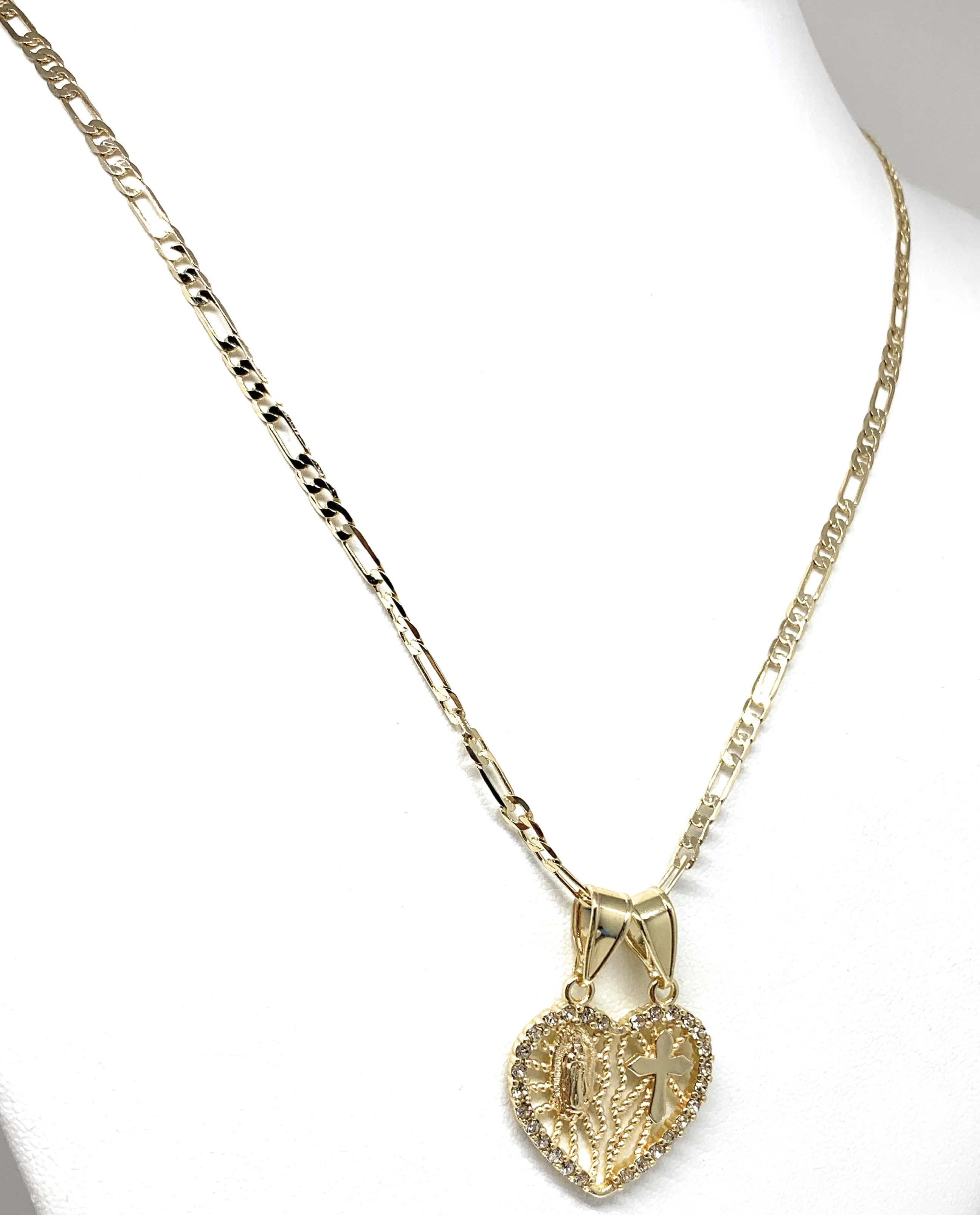 Gold Plated Yellow Virgin Mary Heart & Cross Heart Split Pendant Necklace 24" Virgen de Guadalupe - Image 5