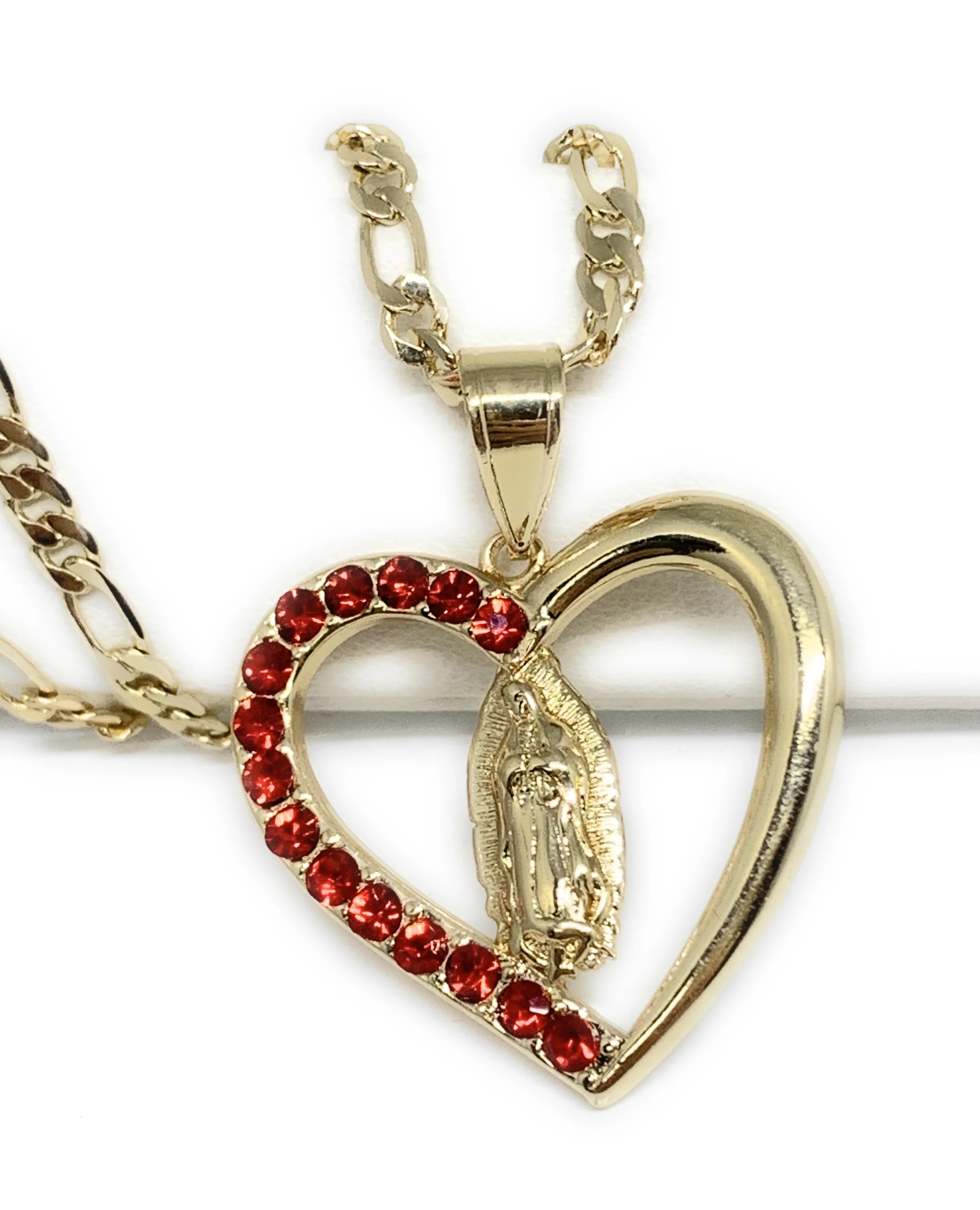 Gold Plated Yellow Virgin Mary Heart Red CZ Pendant Necklace 24" Virgen de Guadalupe Medallas