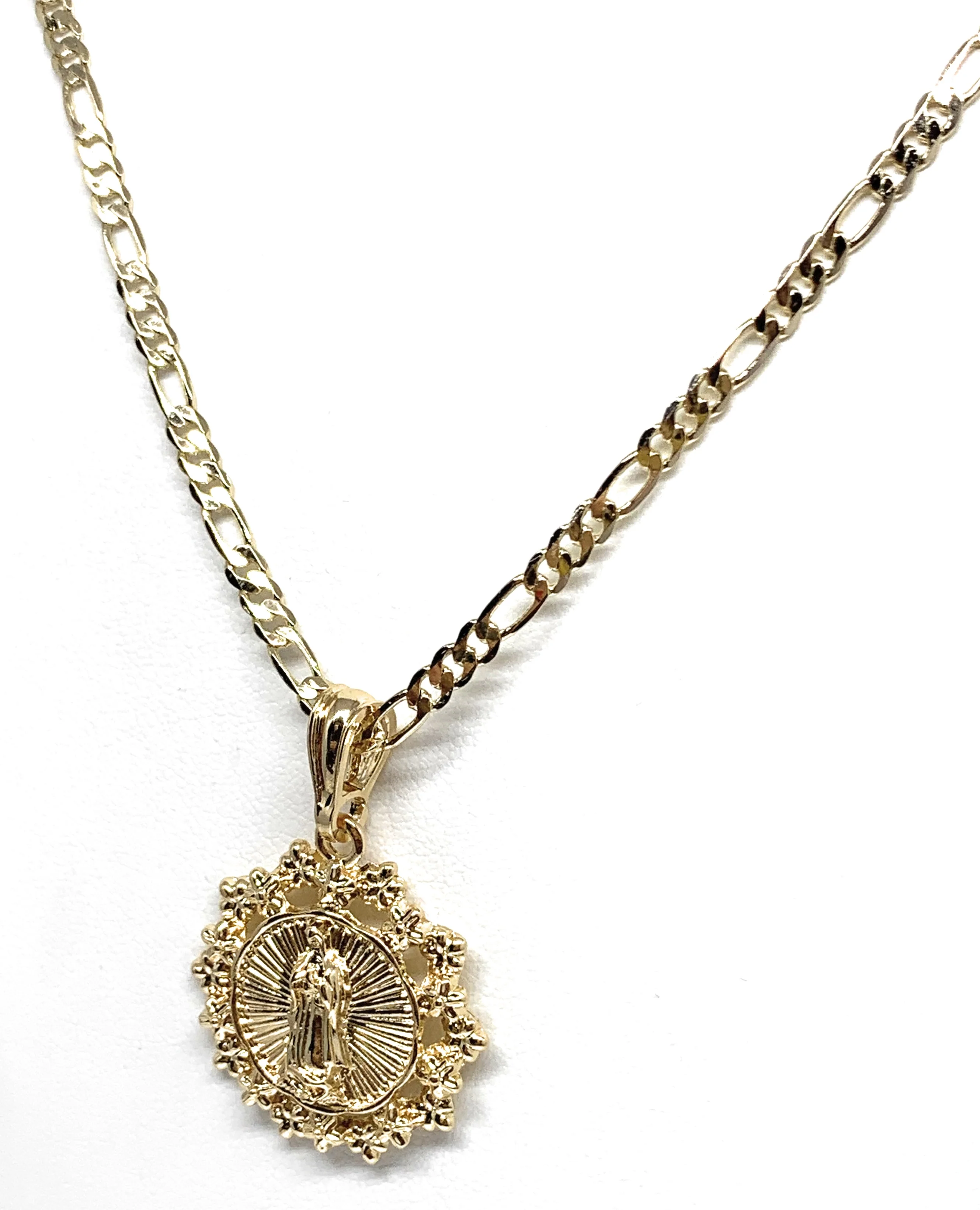 Gold Plated Yellow Virgin Mary Round Flower Pendant Necklace 24" Virgen de Guadalupe - Image 4