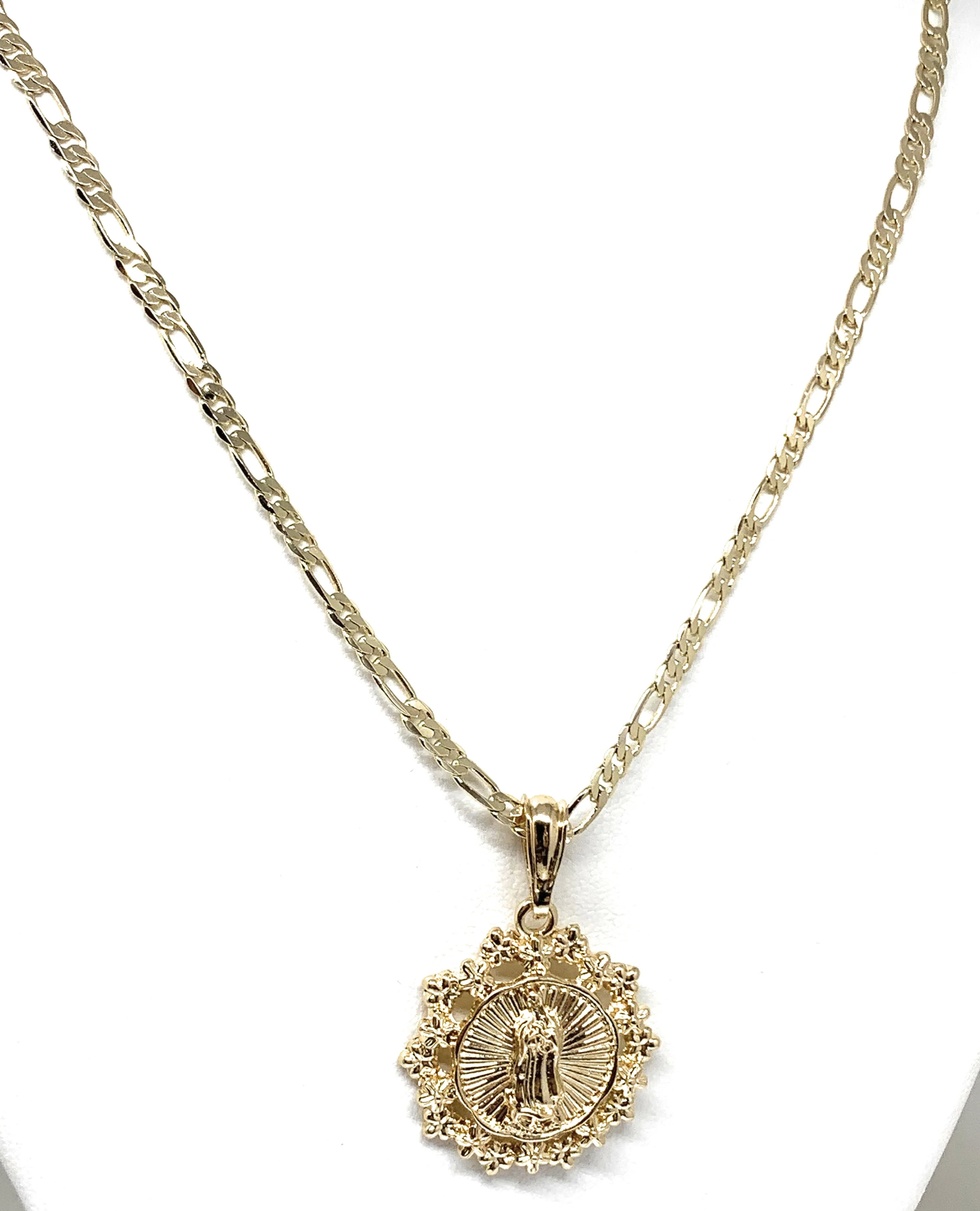 Gold Plated Yellow Virgin Mary Round Flower Pendant Necklace 24" Virgen de Guadalupe - Image 5