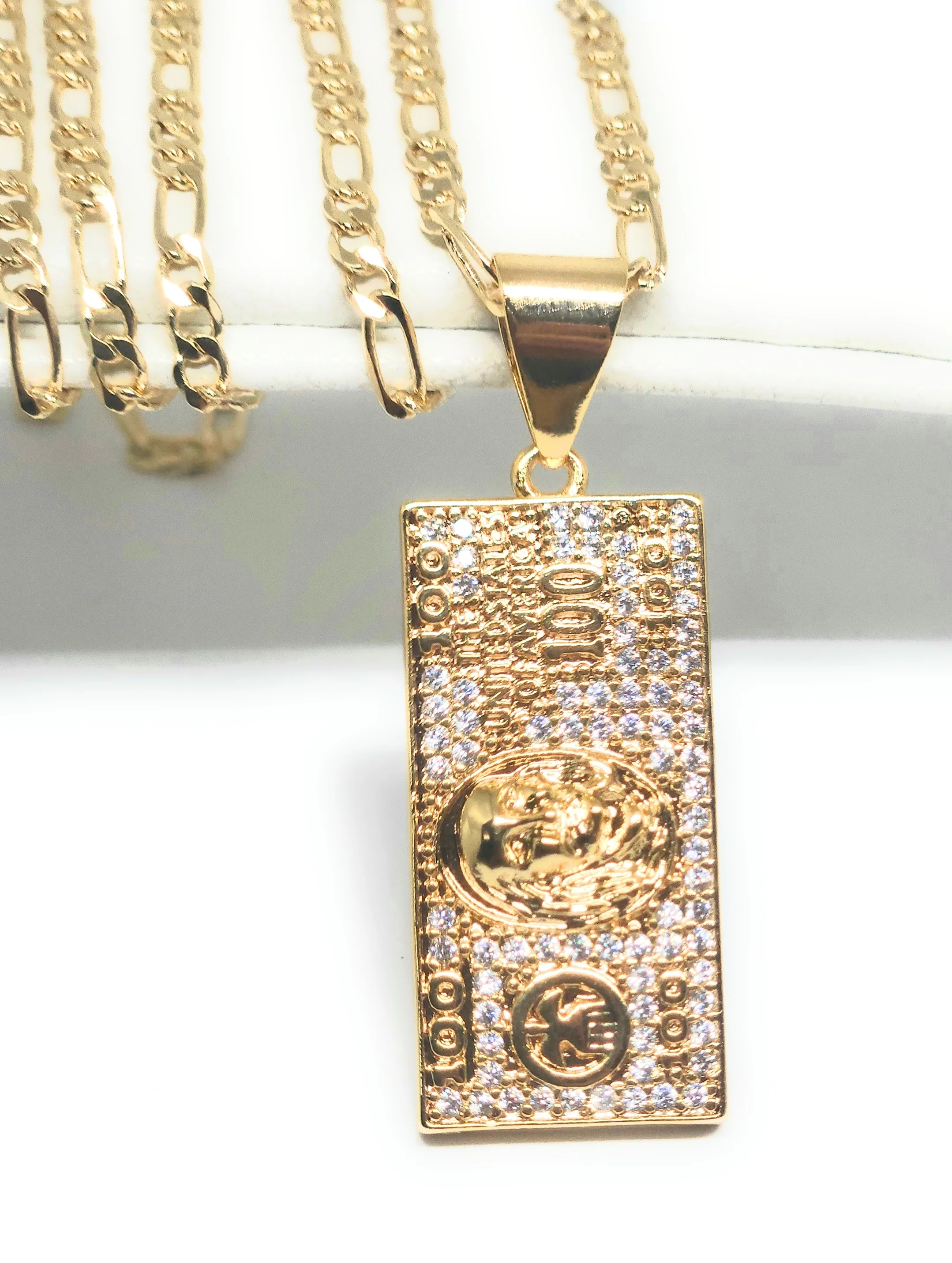 Gold Plated Iced Out CZ 100 DOLLAR BILL Pendant 24" FIGARO Chain