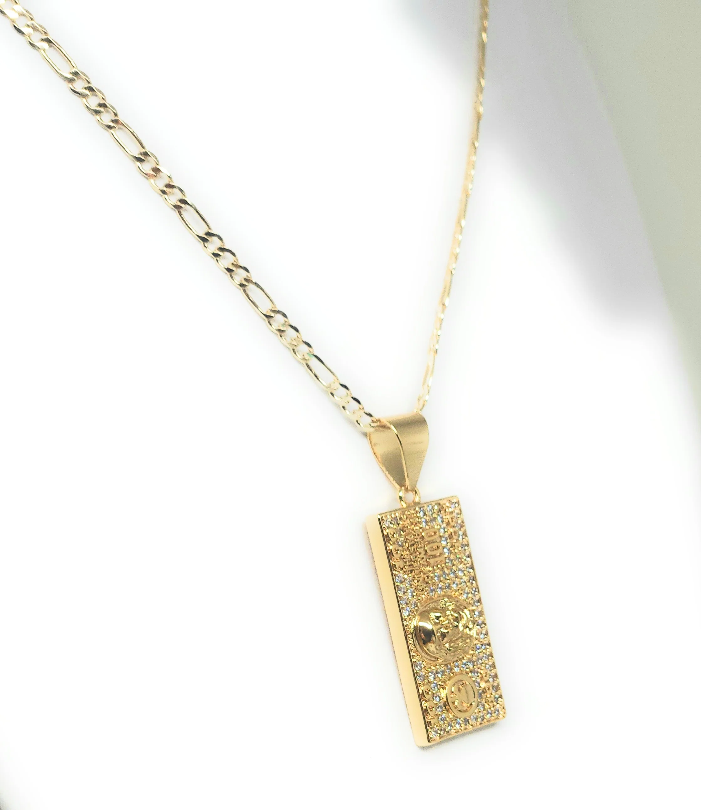 Gold Plated Iced Out CZ 100 DOLLAR BILL Pendant 24" FIGARO Chain - Image 5