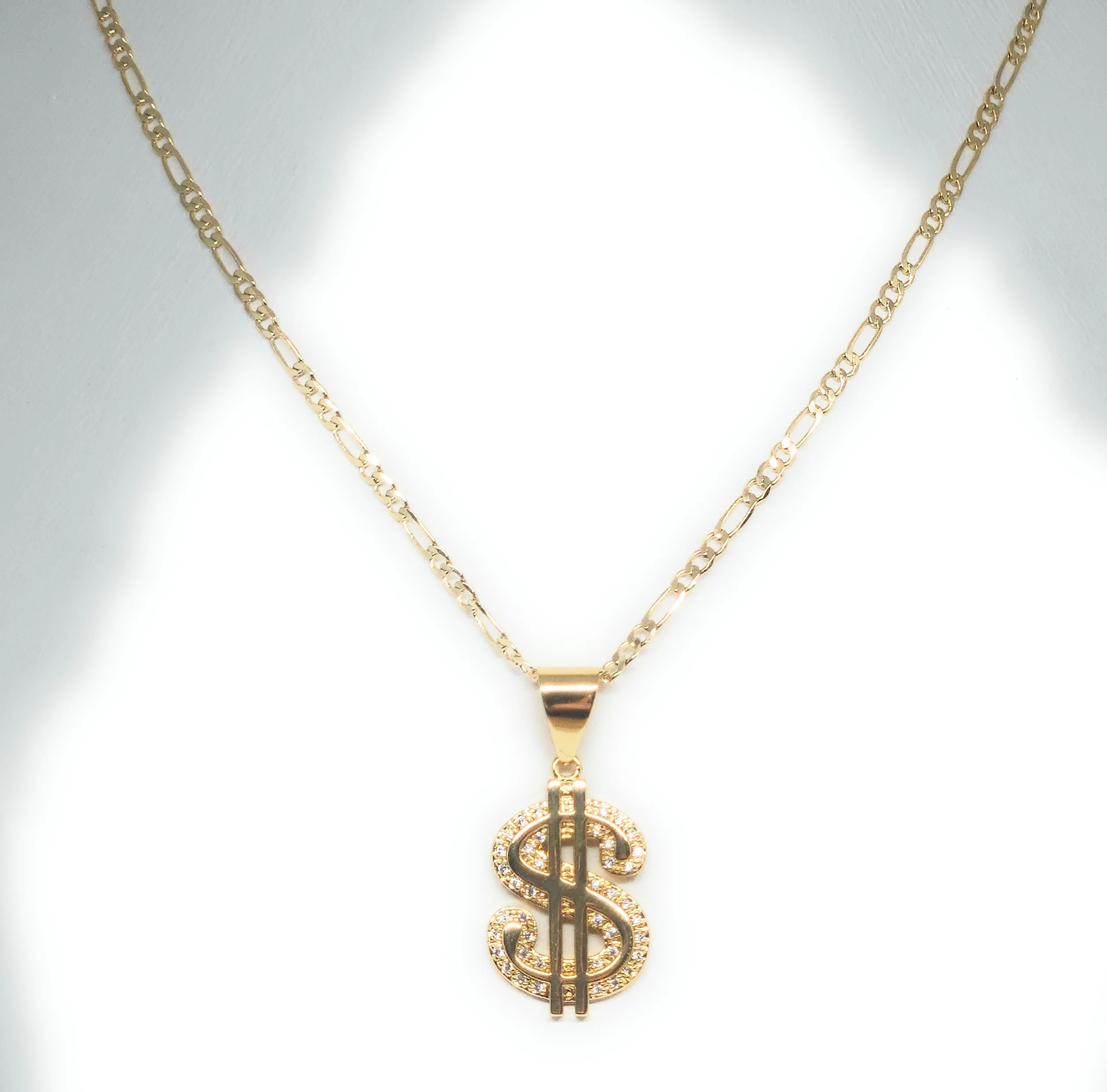 Gold Plated Iced Out CZ 100 DOLLAR SIGN Pendant 24" FIGARO Chain - Image 2