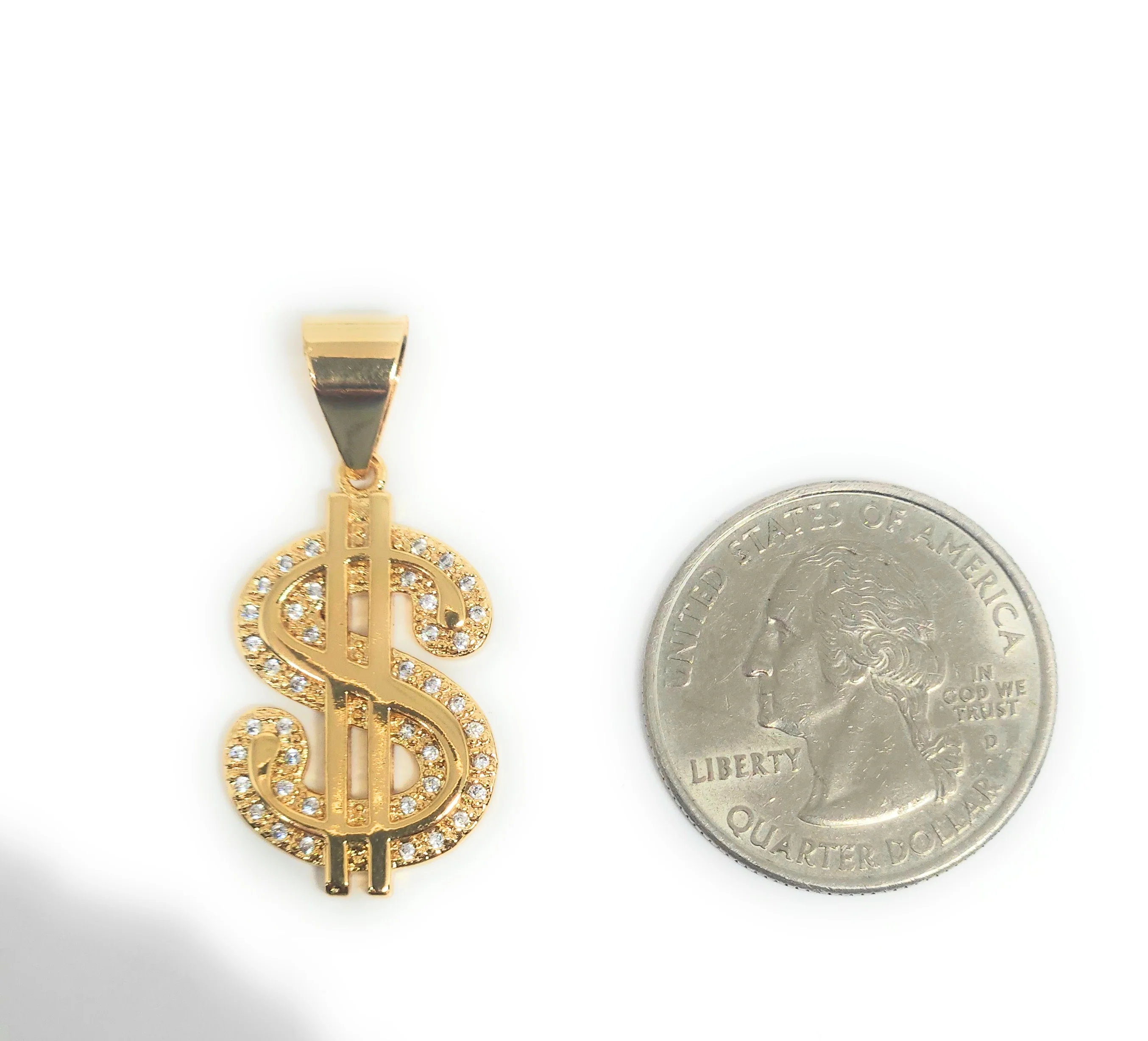 Gold Plated Iced Out CZ 100 DOLLAR SIGN Pendant 24" FIGARO Chain - Image 6