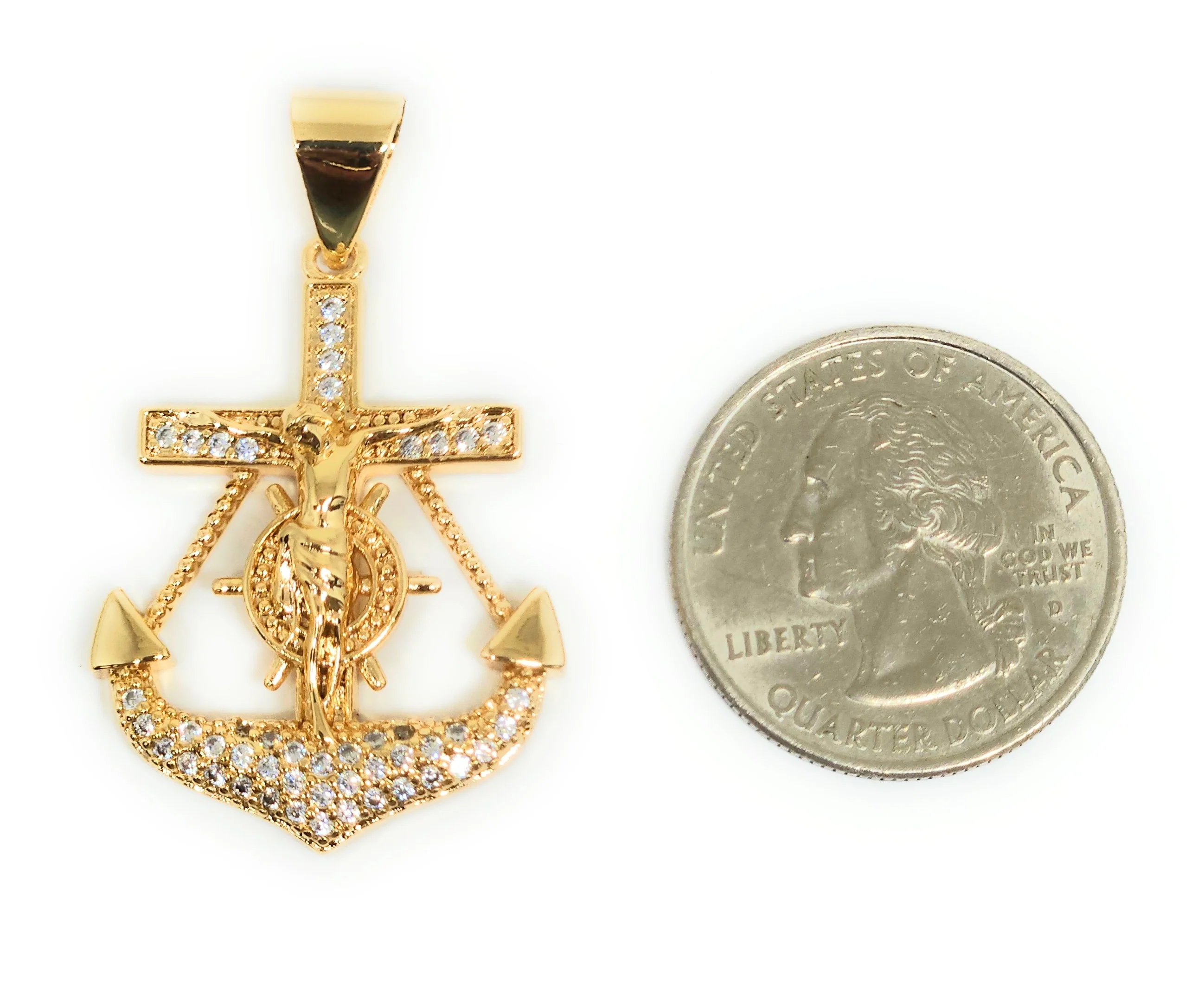 Gold Plated Iced Out CZ JESUS ANCHOR Pendant 24" FIGARO Chain - Image 2