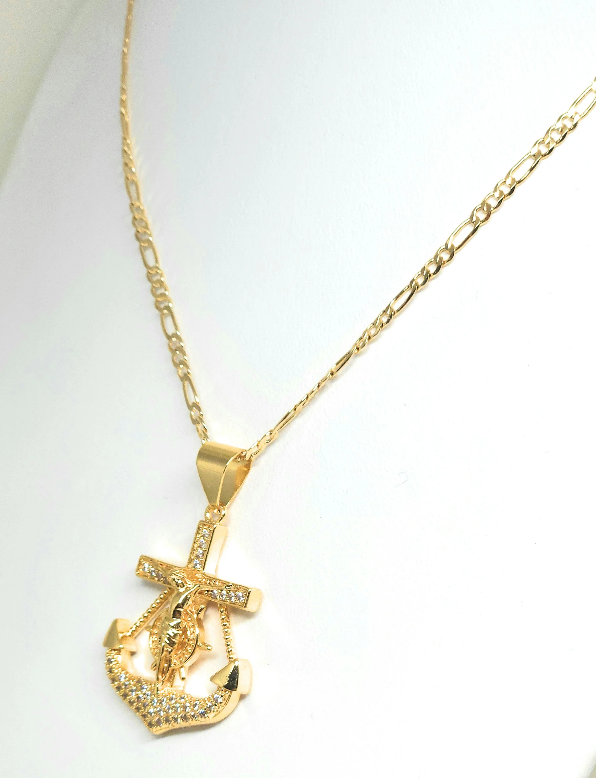 Gold Plated Iced Out CZ JESUS ANCHOR Pendant 24" FIGARO Chain - Image 3