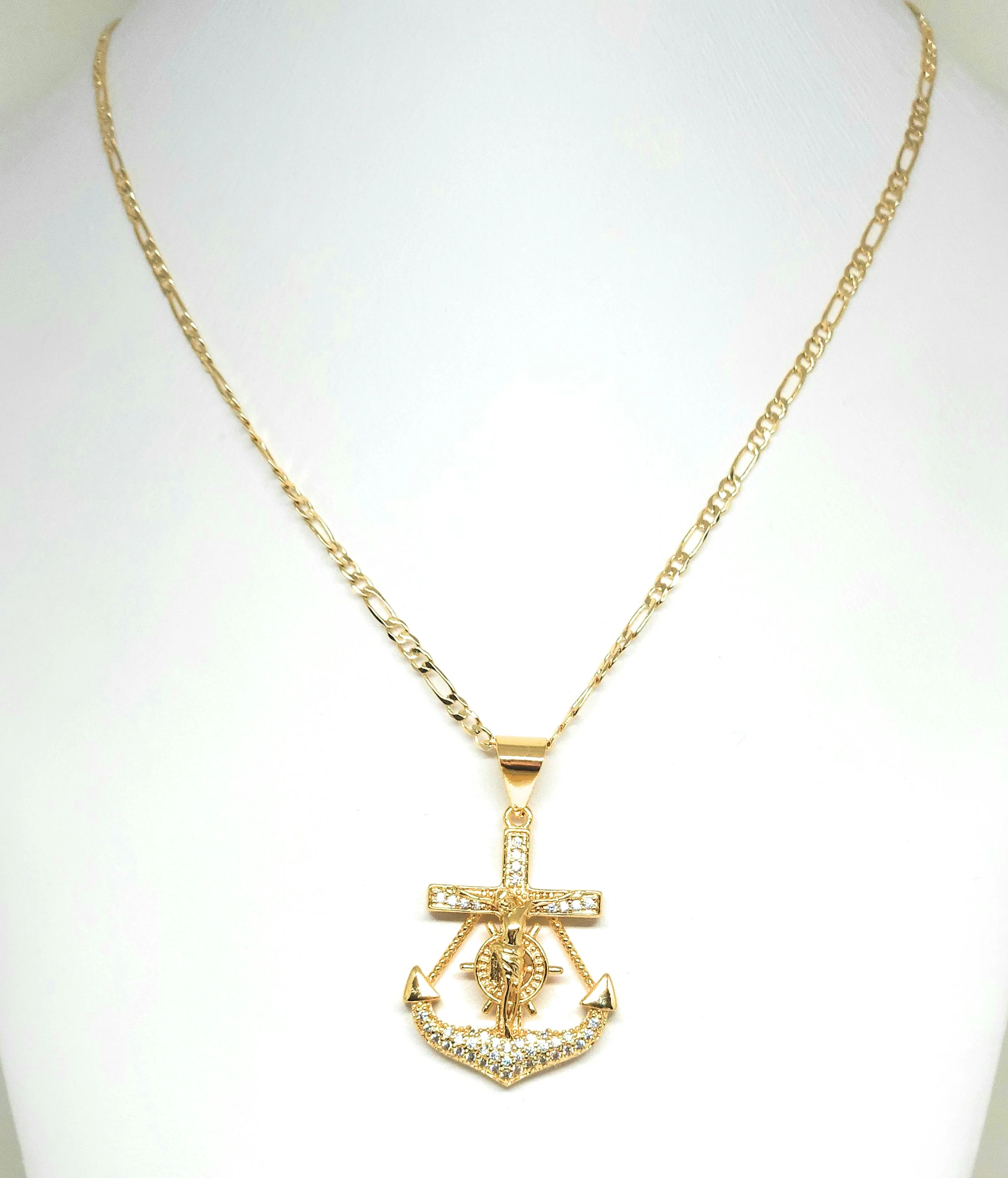 Gold Plated Iced Out CZ JESUS ANCHOR Pendant 24" FIGARO Chain - Image 4
