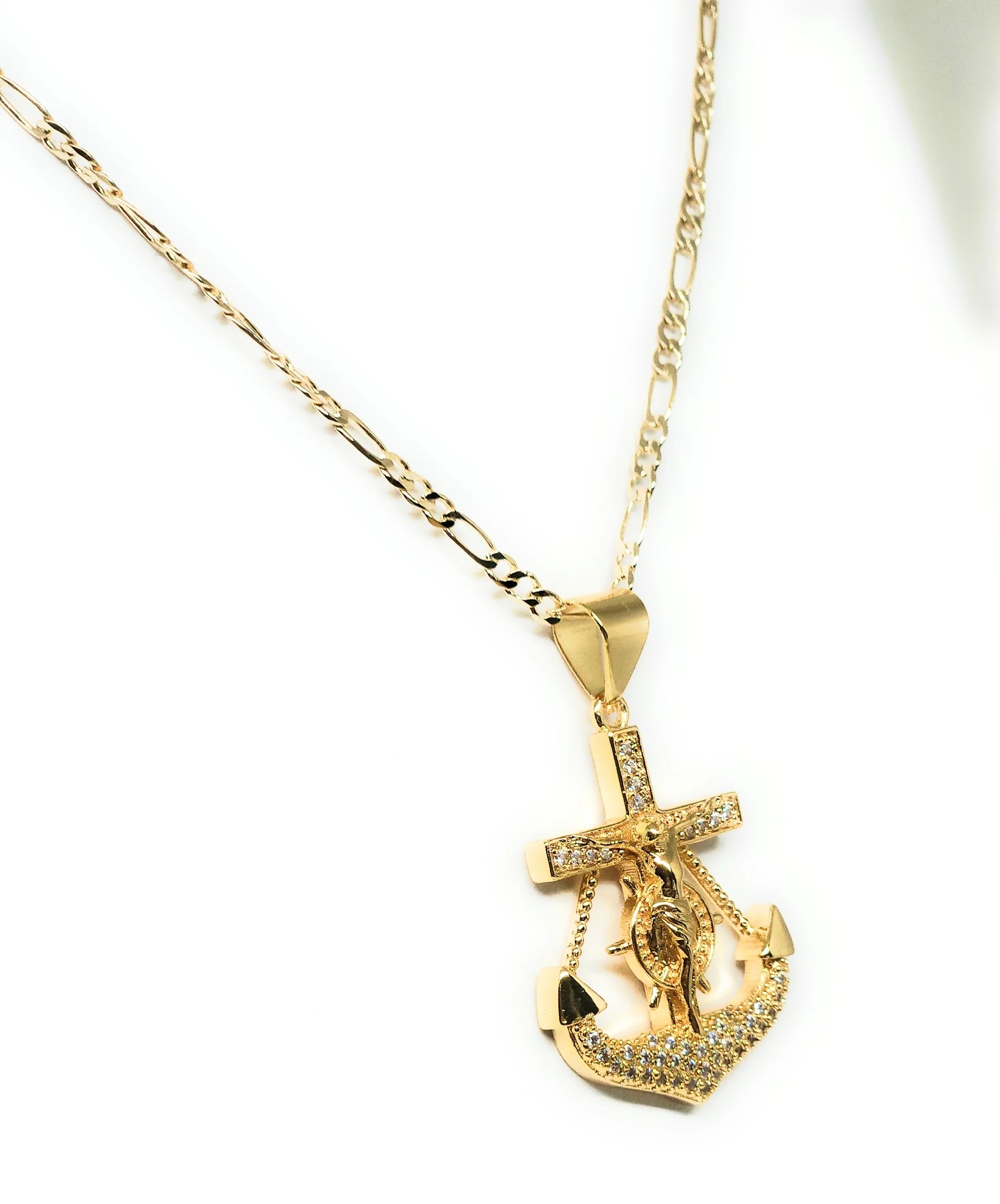 Gold Plated Iced Out CZ JESUS ANCHOR Pendant 24" FIGARO Chain - Image 5