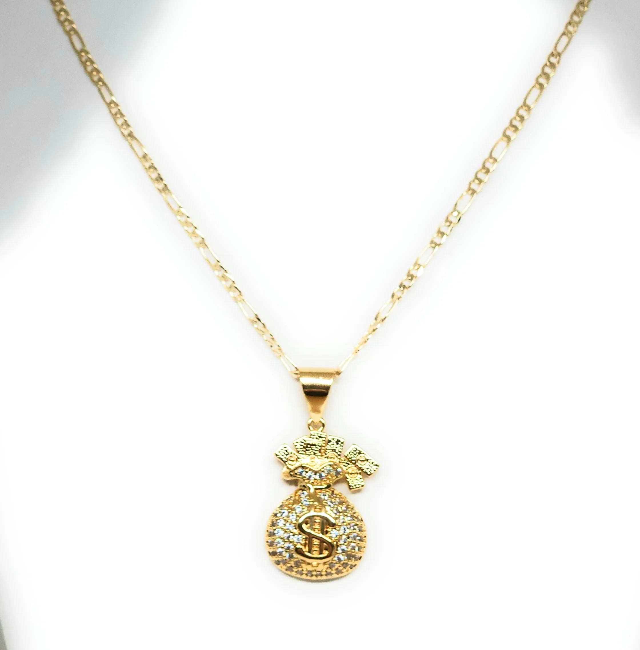 Gold Plated Iced Out CZ MONEY BAG BILLS Pendant 24" FIGARO Chain - Image 4