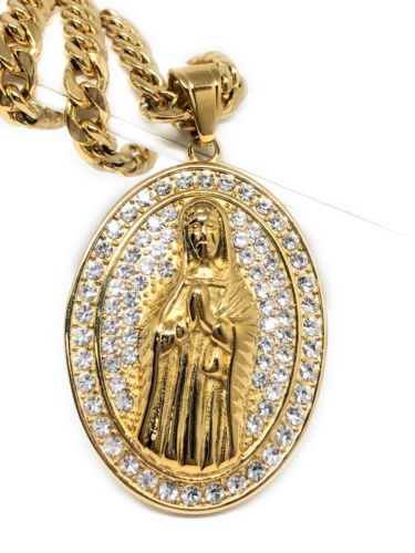 Hip Hop Gold Plated Iced Out Guadalupe Virgin Mary Pendant 30" Cuban Link Chain
