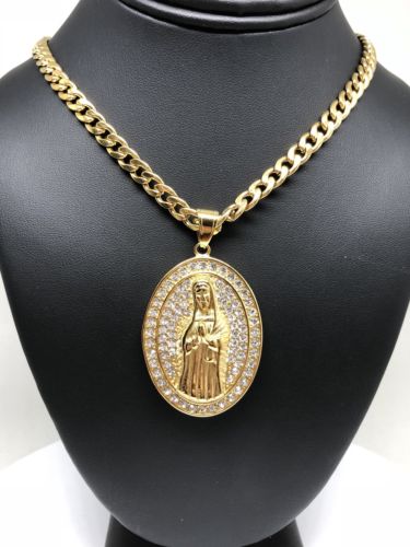 Hip Hop Gold Plated Iced Out Guadalupe Virgin Mary Pendant 30" Cuban Link Chain - Image 3