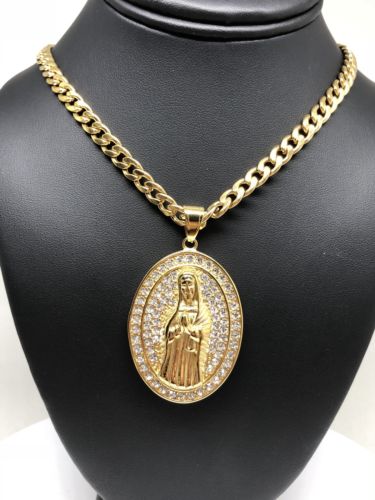 Hip Hop Gold Plated Iced Out Guadalupe Virgin Mary Pendant 30" Cuban Link Chain - Image 4
