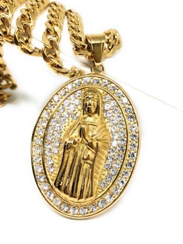 Hip Hop Gold Plated Iced Out Guadalupe Virgin Mary Pendant 30" Cuban Link Chain - Image 6
