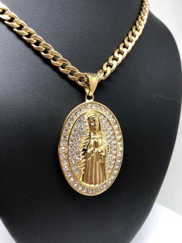 Hip Hop Gold Plated Iced Out Guadalupe Virgin Mary Pendant 30" Cuban Link Chain - Image 7