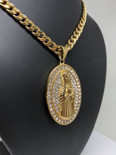Hip Hop Gold Plated Iced Out Guadalupe Virgin Mary Pendant 30" Cuban Link Chain - Image 8