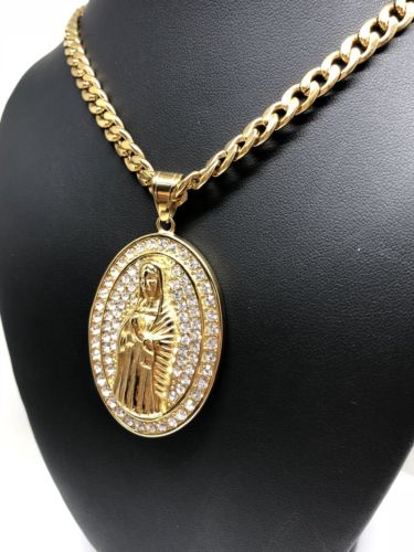 Hip Hop Gold Plated Iced Out Guadalupe Virgin Mary Pendant 30" Cuban Link Chain - Image 9