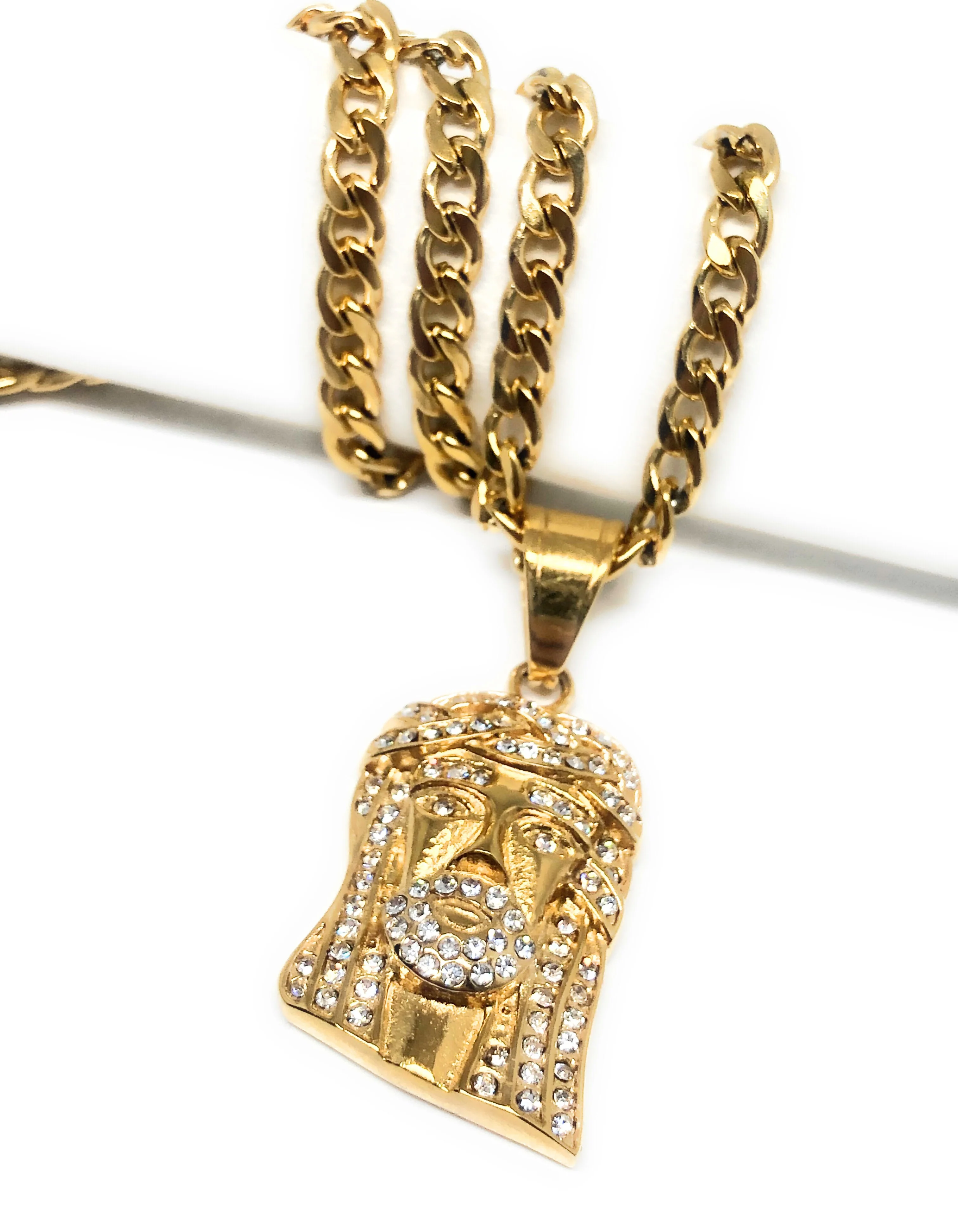 Iced Out Gold Plated Micro Jesus Face CZ Pendant Necklace 30” Cuban Link Chain - Image 4