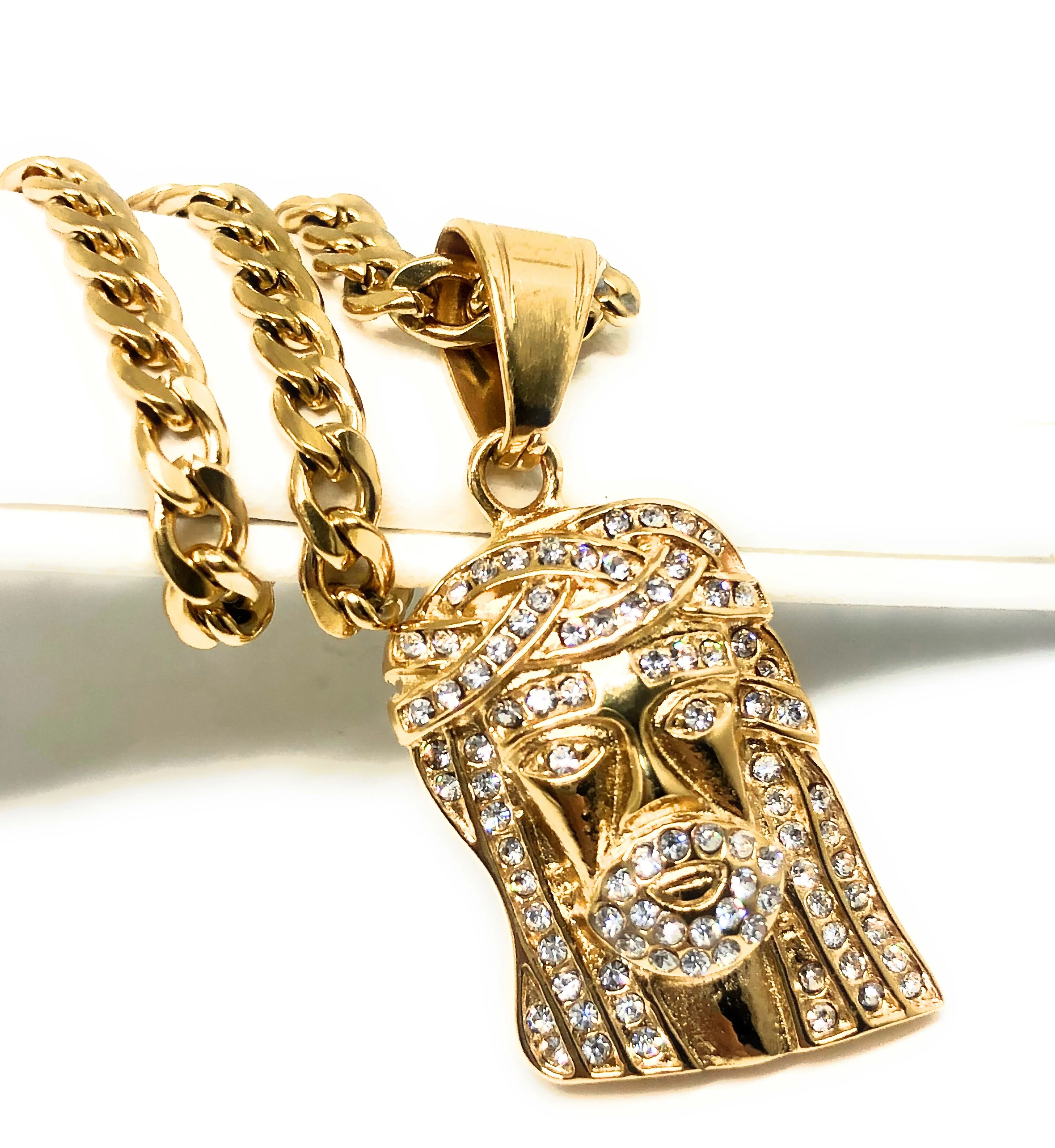 Iced Out Gold Plated Micro Jesus Face CZ Pendant Necklace 30” Cuban Link Chain - Image 5