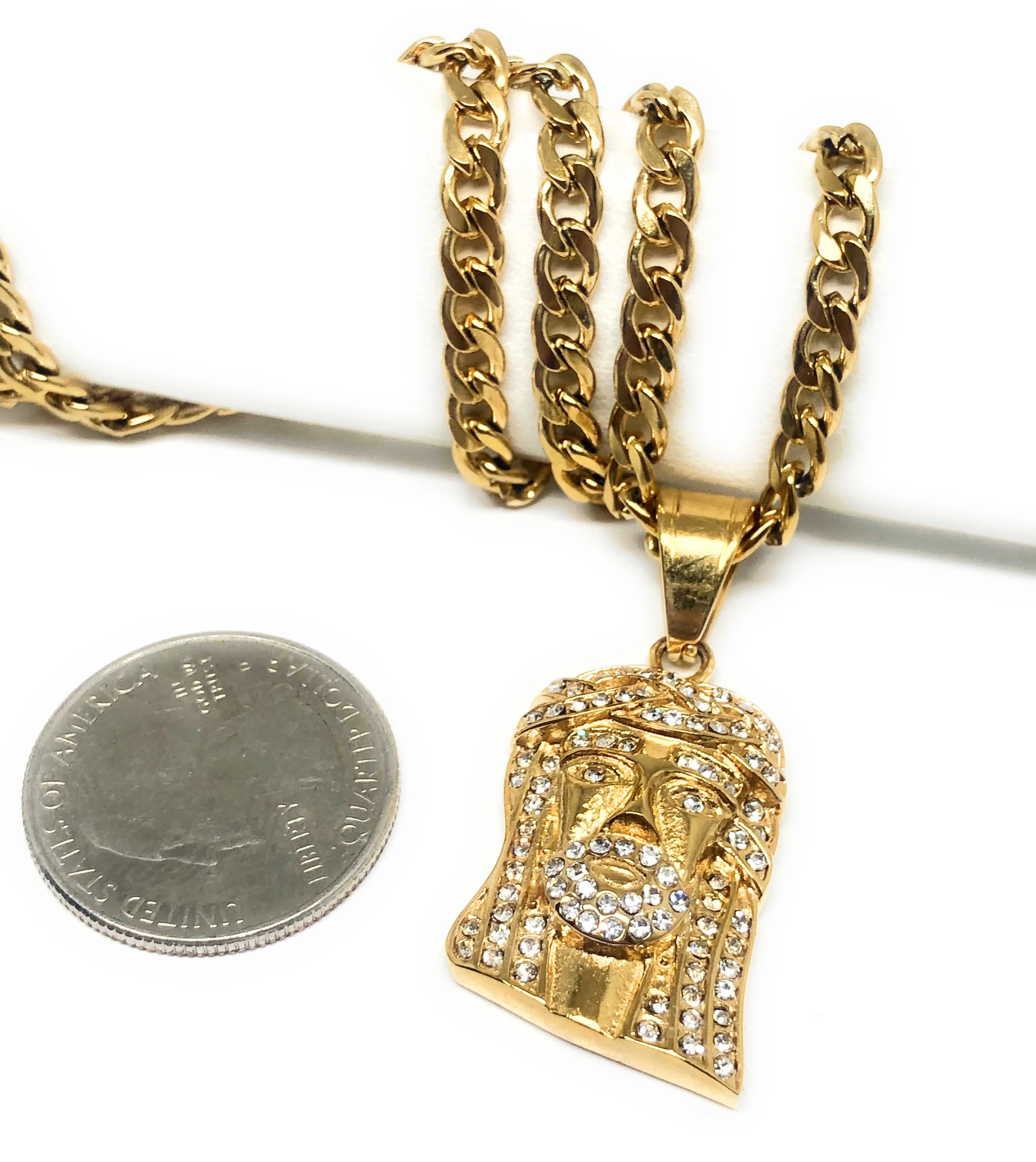 Iced Out Gold Plated Micro Jesus Face CZ Pendant Necklace 30” Cuban Link Chain - Image 9