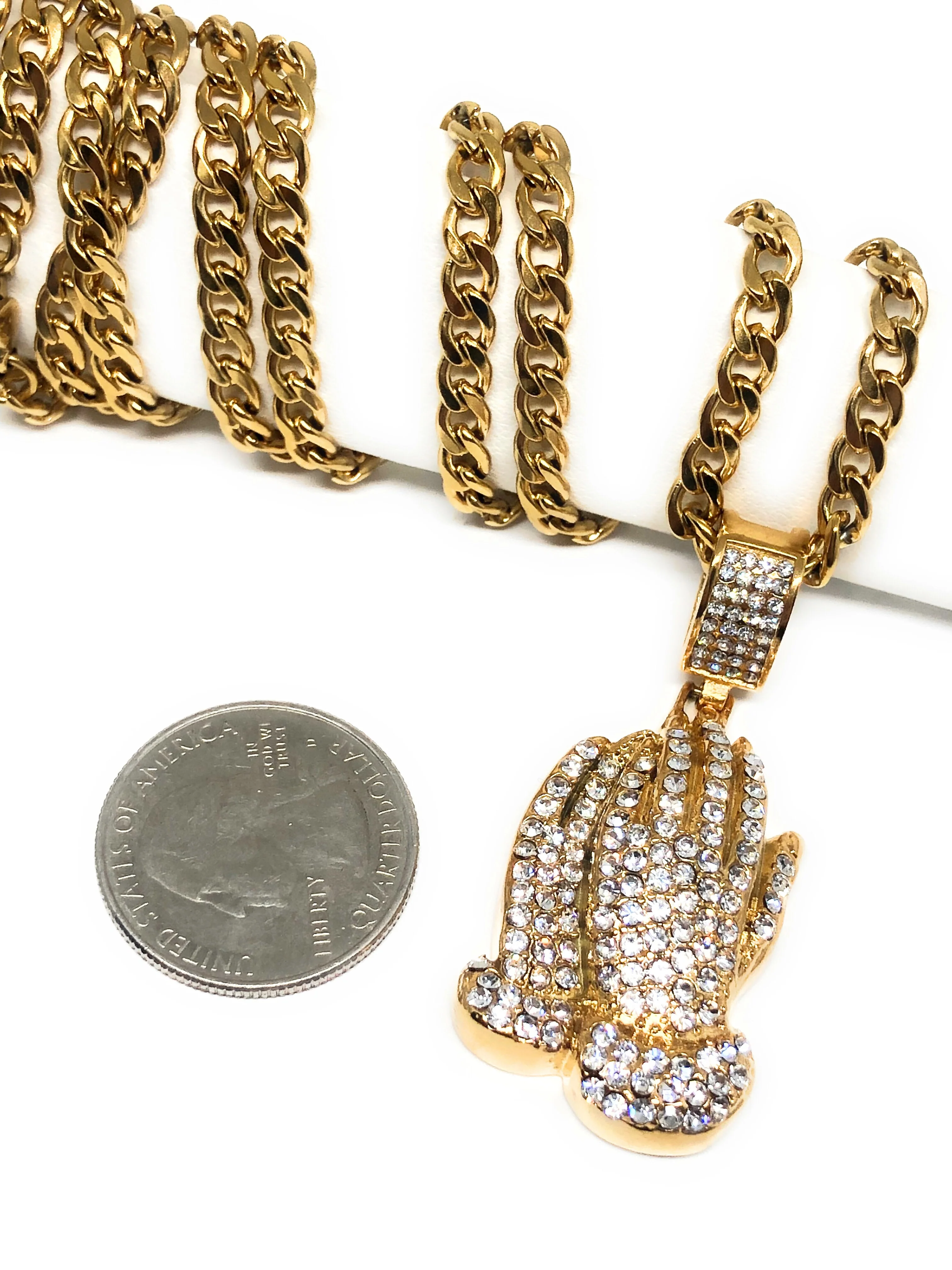 Iced Out Gold Plated Micro Prayer Hand CZ Pendant Necklace 30” Cuban Link Chain - Image 3