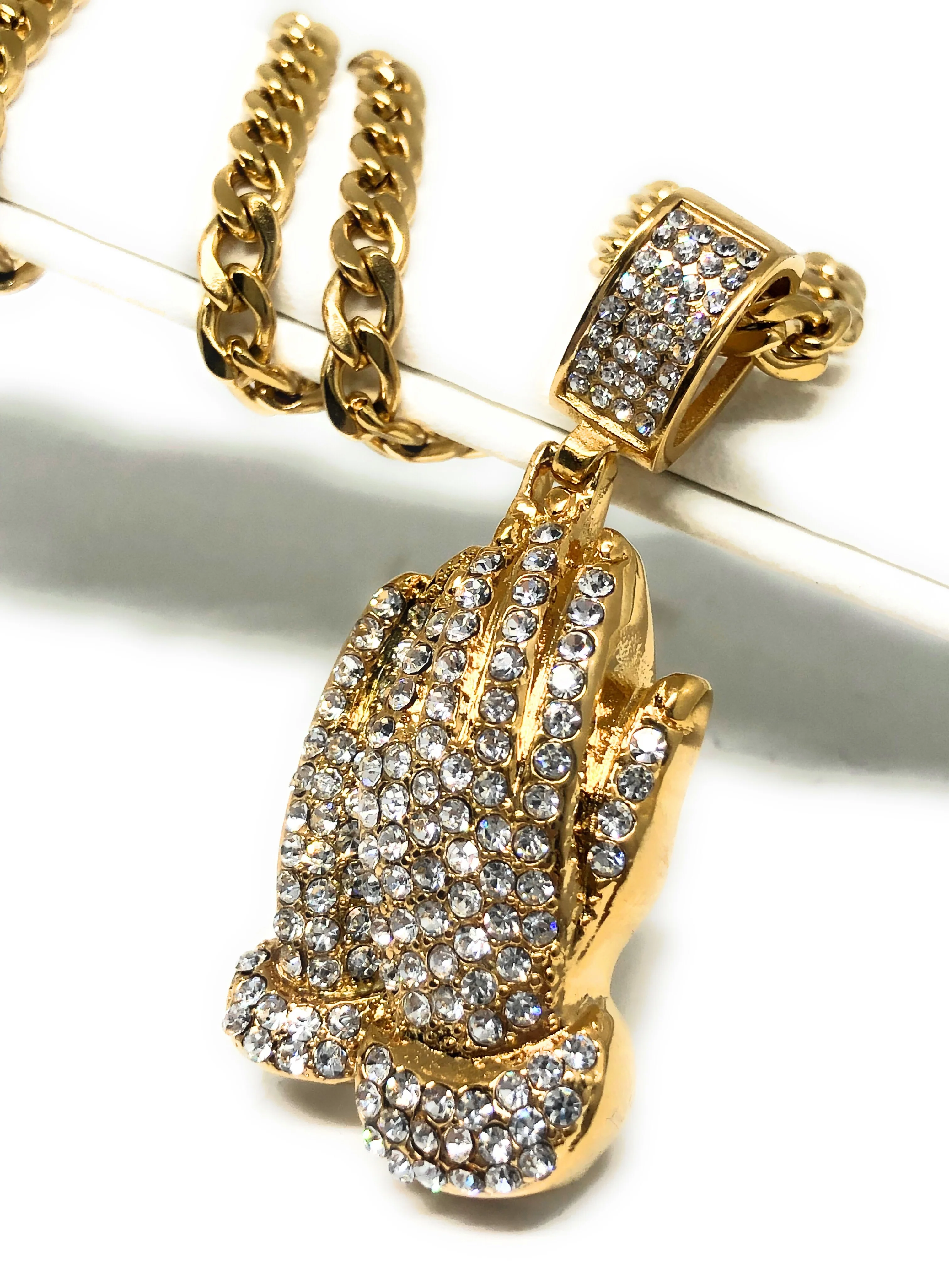 Iced Out Gold Plated Micro Prayer Hand CZ Pendant Necklace 30” Cuban Link Chain - Image 6