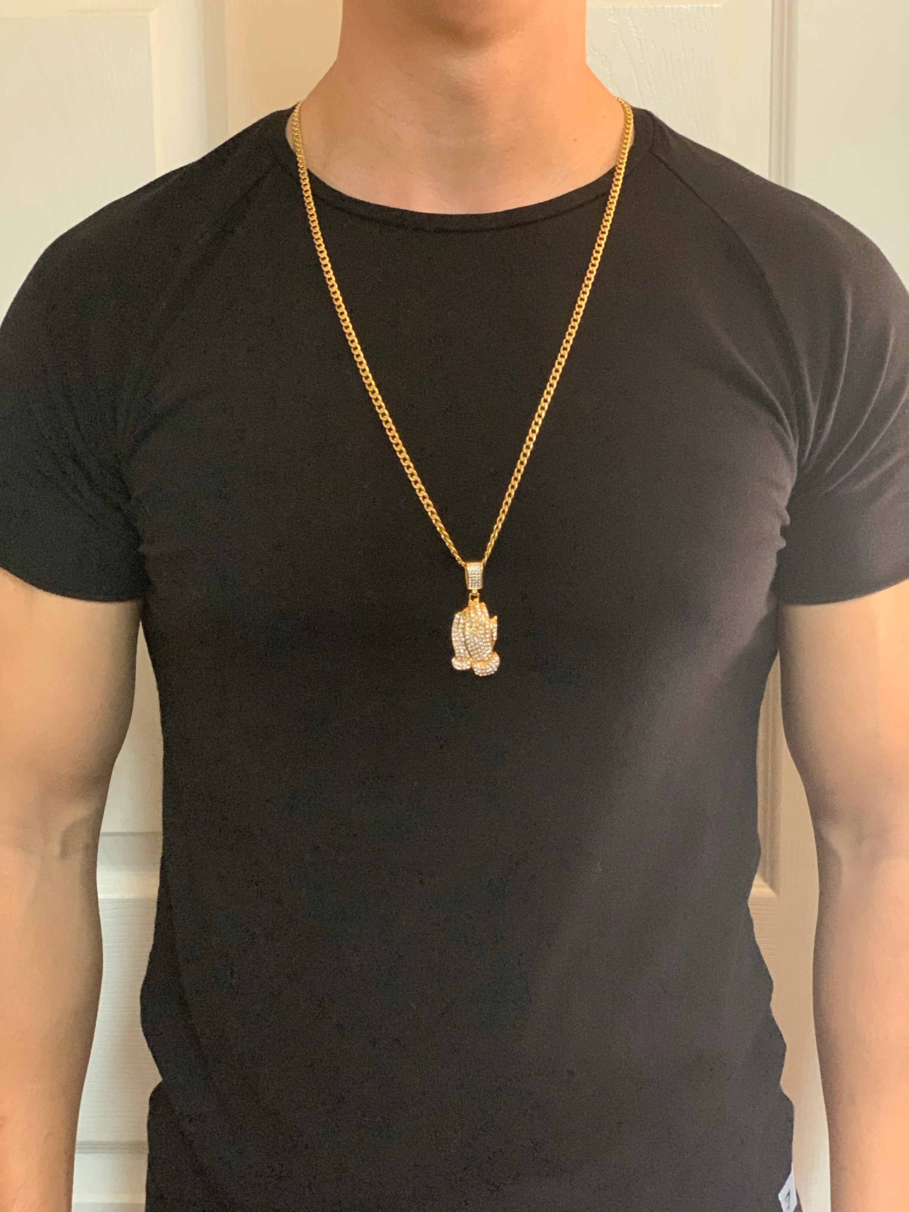 Iced Out Gold Plated Micro Prayer Hand CZ Pendant Necklace 30” Cuban Link Chain - Image 7