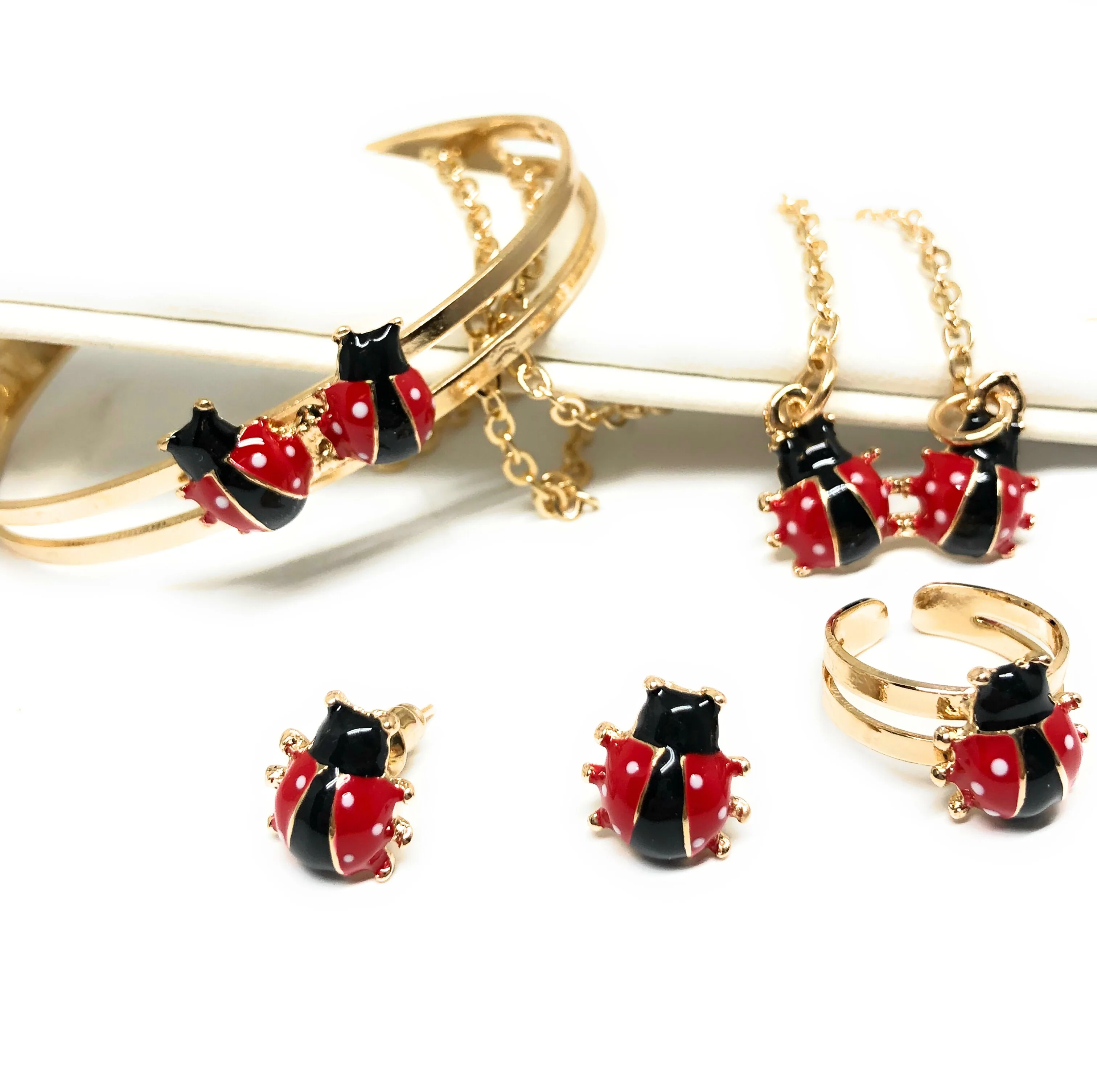 Kids’s Ages 3-8 Gold Plated Ladybug Set | Earrings, Ring, Bracelet, Necklace - Image 4
