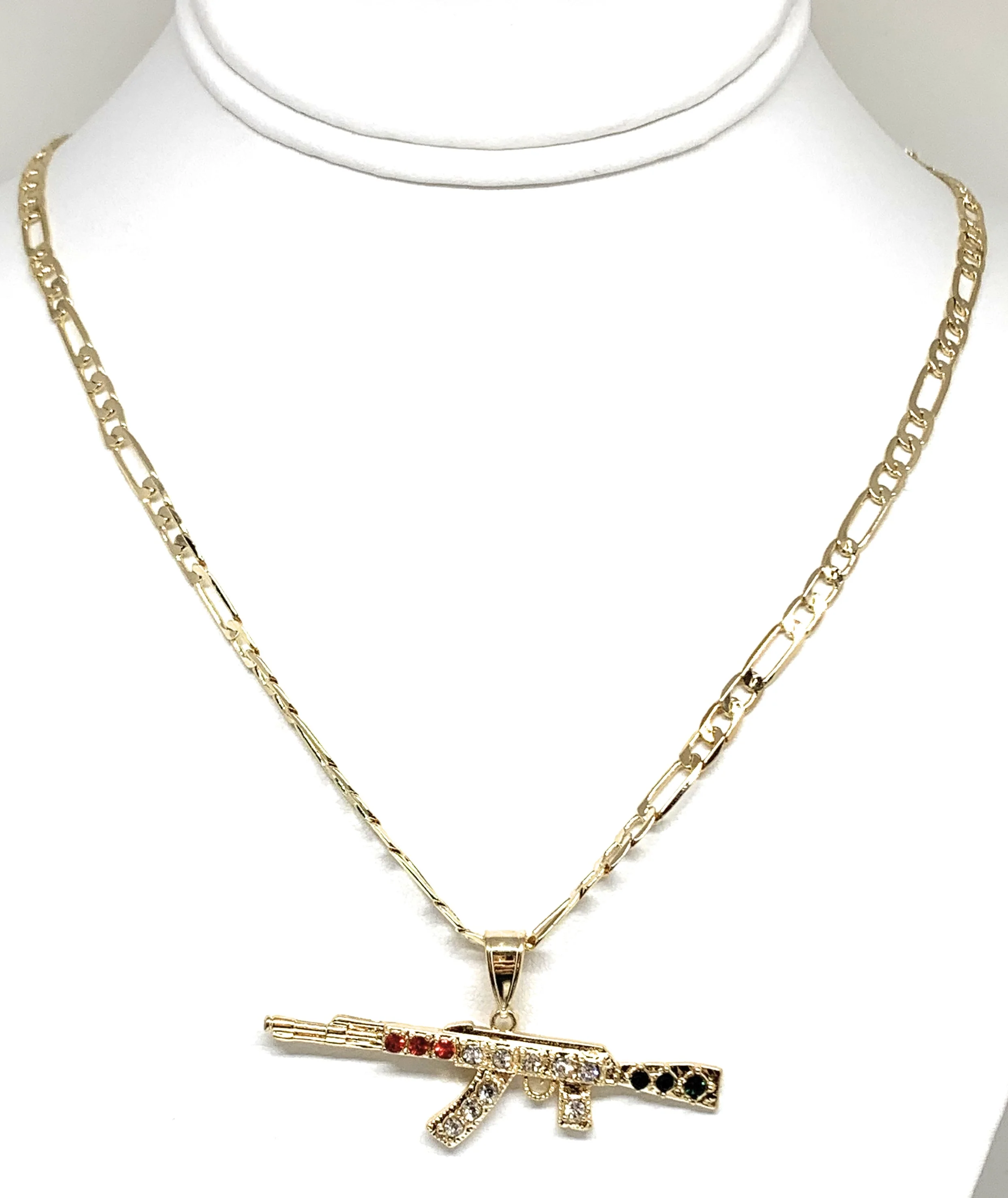 Men Gold Plated Iced Out Ak-47 Machine Gun Pendant 26 inch figaro chain - Image 3