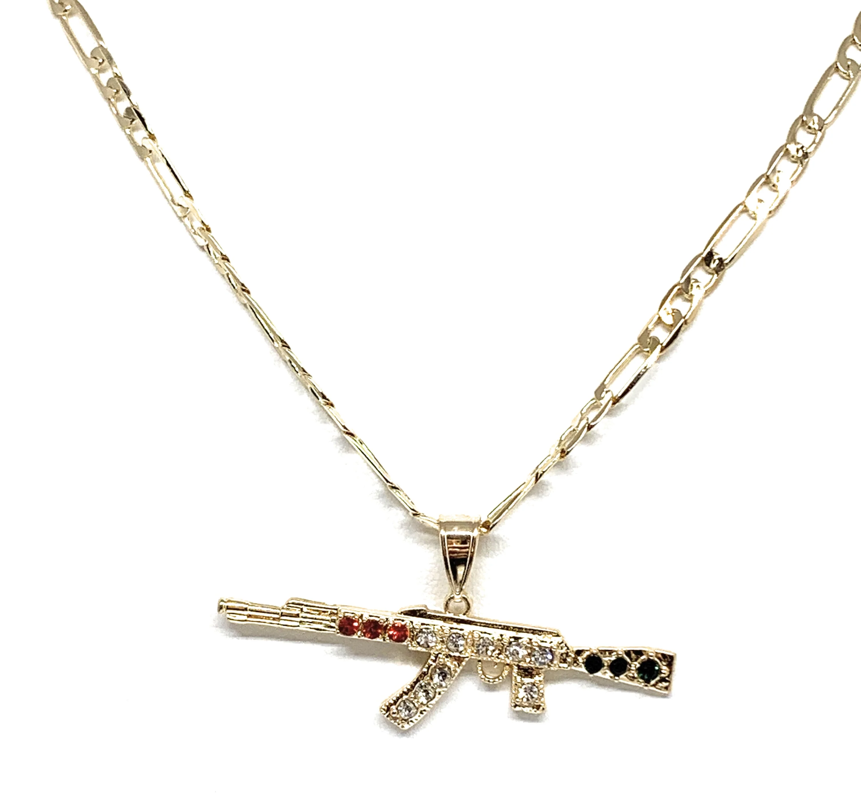 Men Gold Plated Iced Out Ak-47 Machine Gun Pendant 26 inch figaro chain - Image 4
