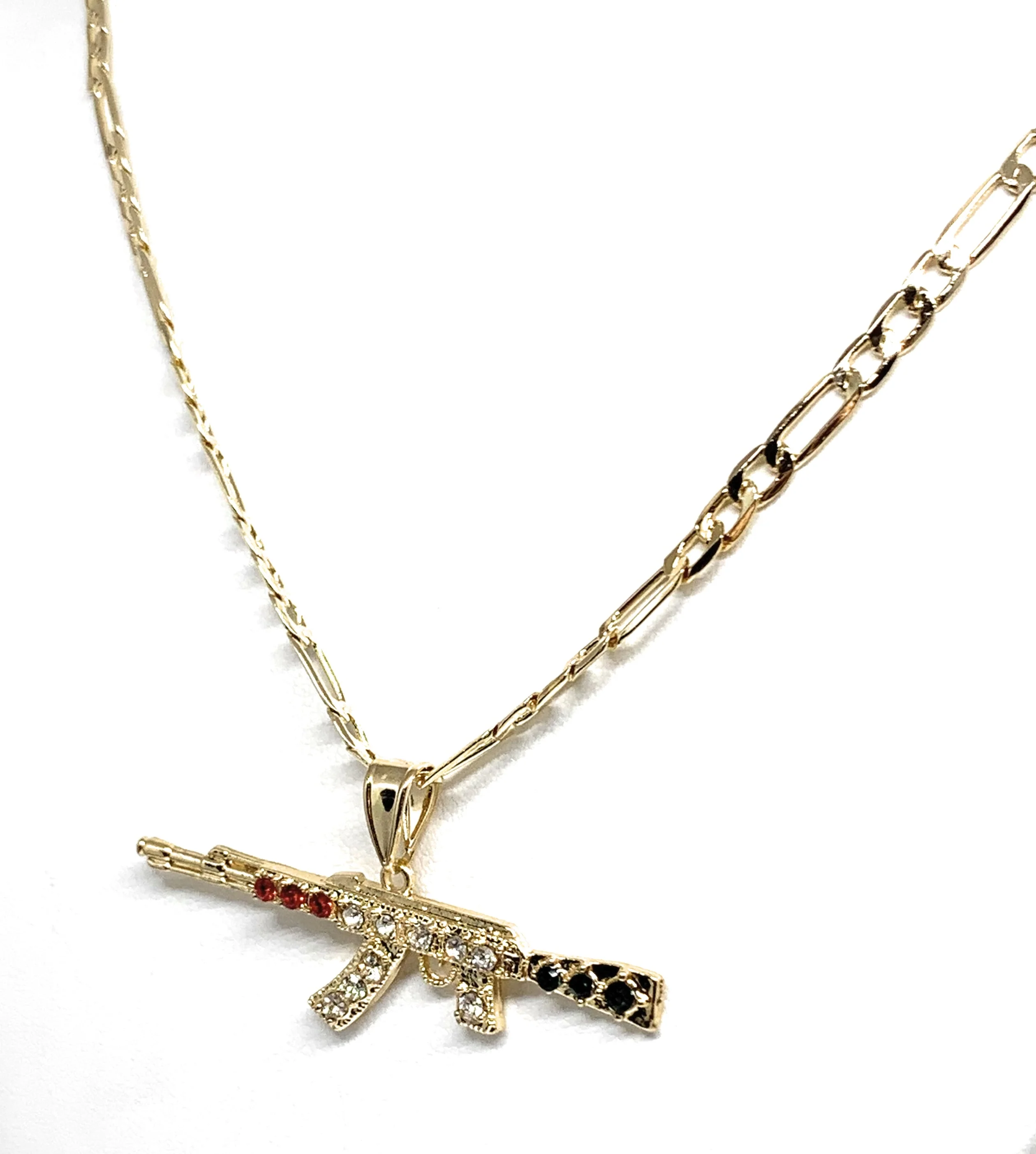 Men Gold Plated Iced Out Ak-47 Machine Gun Pendant 26 inch figaro chain - Image 5