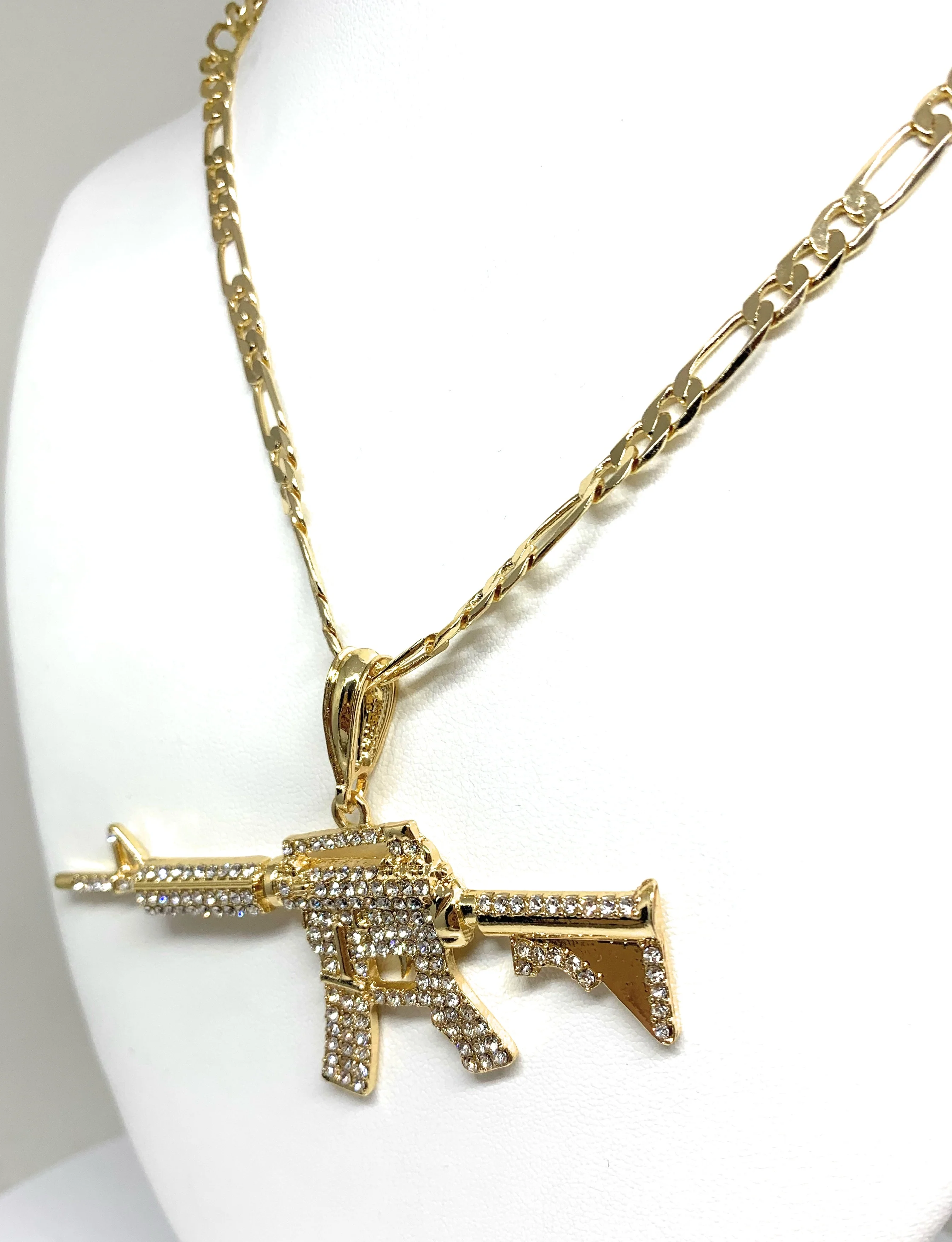 Men Gold Plated Iced Out Cueno de Chivo Ak-47 Machine Gun Pendant 26 inch figaro chain - Image 3