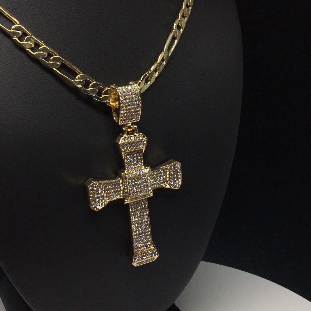 Men Hip Hop Gold Plated Iced Out Cross CZ Pendant Necklace 26" Figaro Chain 7mm - Image 10
