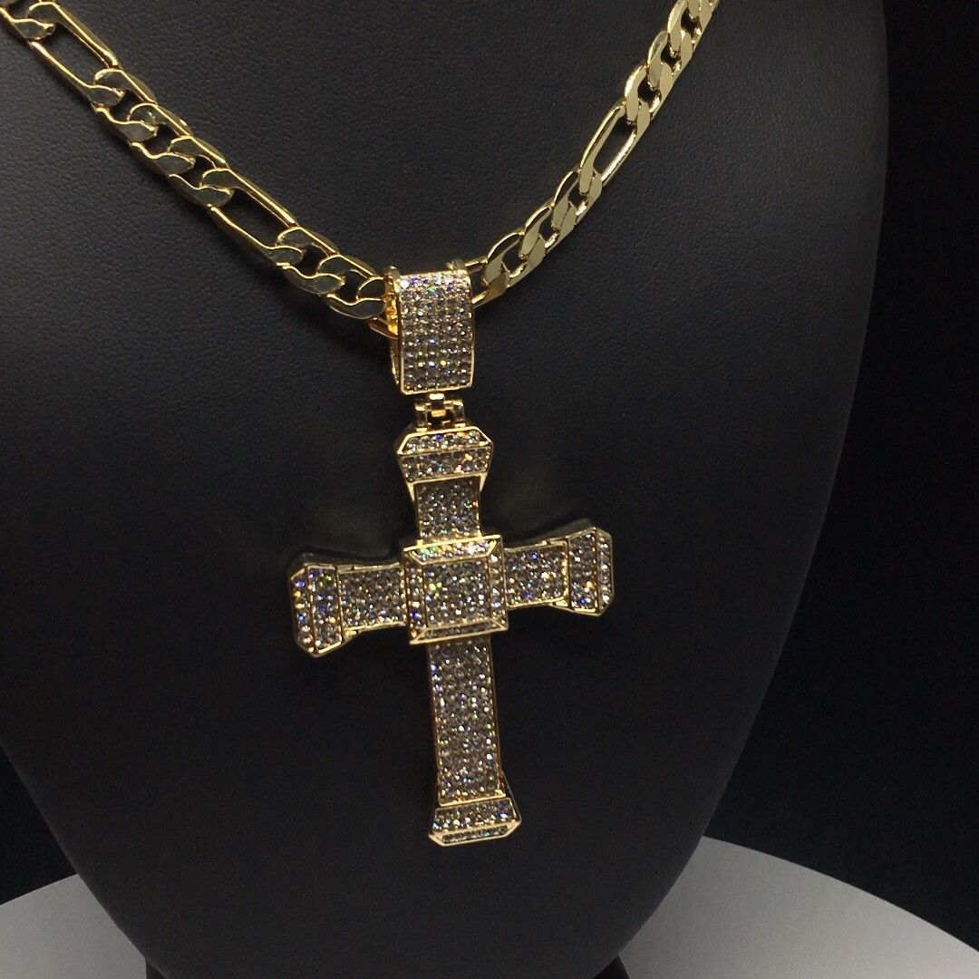 Men Hip Hop Gold Plated Iced Out Cross CZ Pendant Necklace 26" Figaro Chain 7mm - Image 11