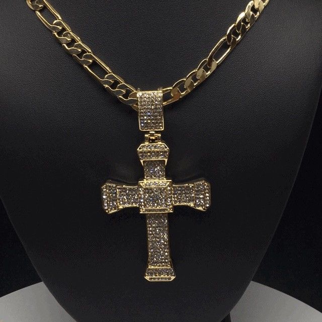 Men Hip Hop Gold Plated Iced Out Cross CZ Pendant Necklace 26" Figaro Chain 7mm - Image 12