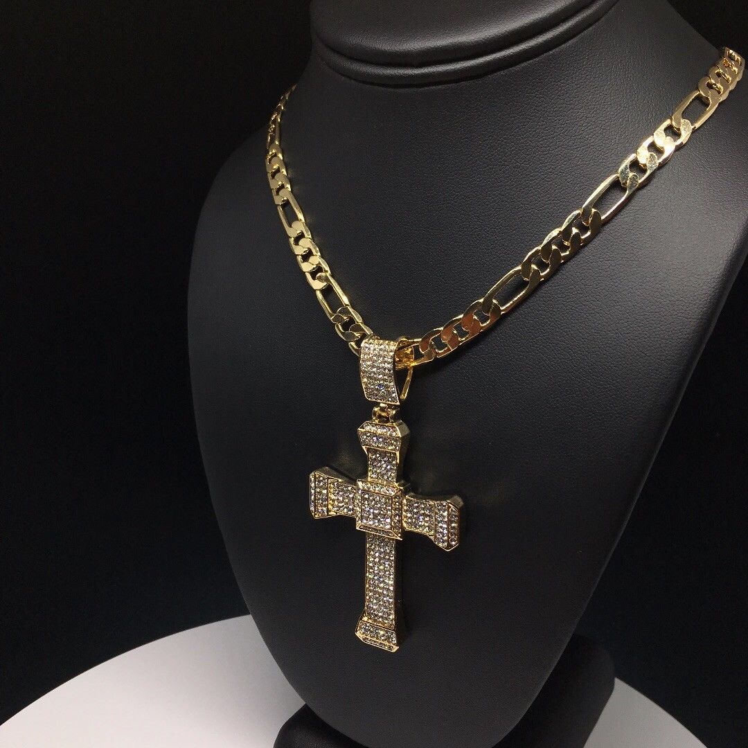 Men Hip Hop Gold Plated Iced Out Cross CZ Pendant Necklace 26" Figaro Chain 7mm - Image 3